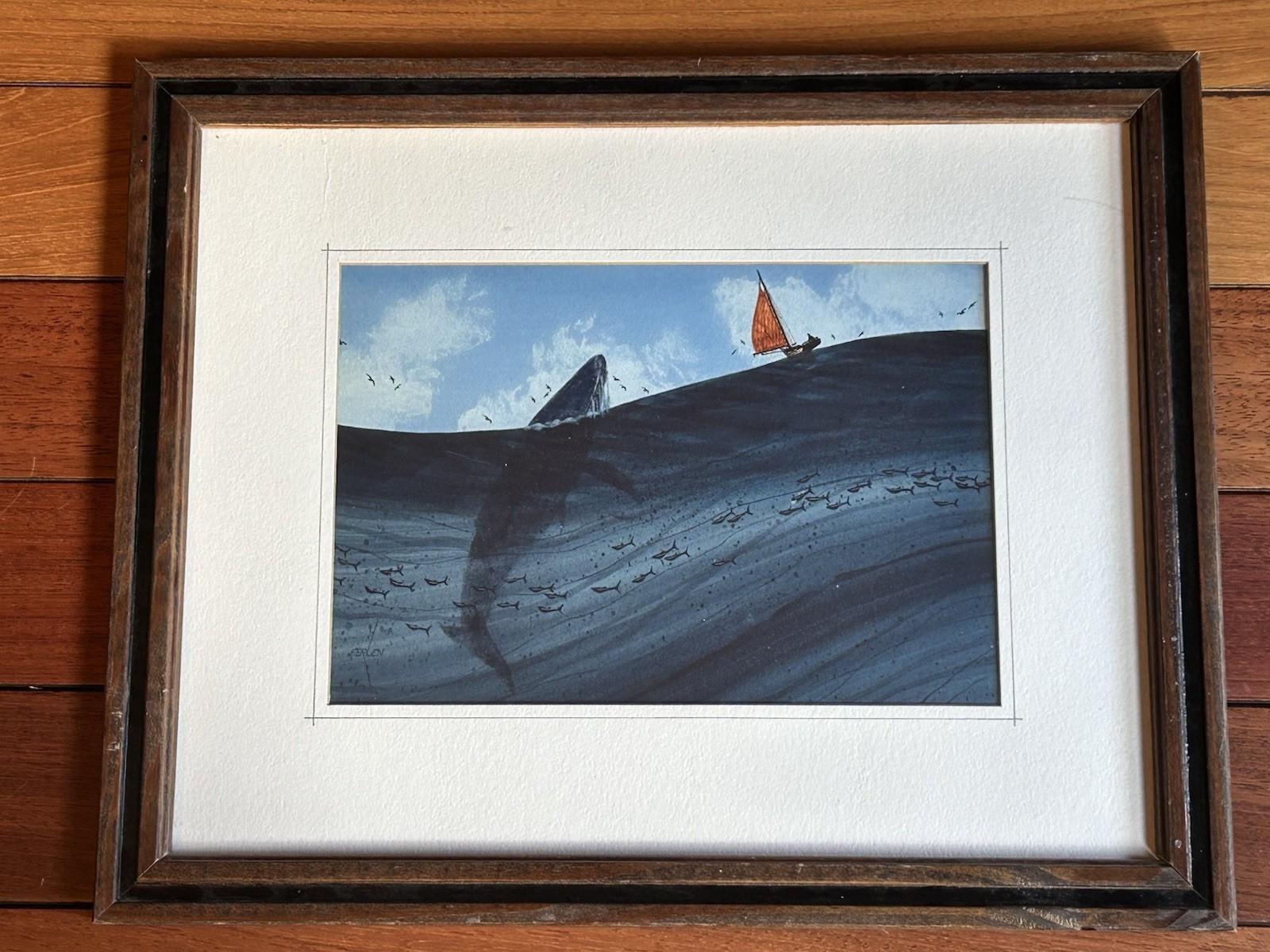 VTG Don Ferlen Original Painting Seascape Whale Sailboat Fish 12”x 15” Signed