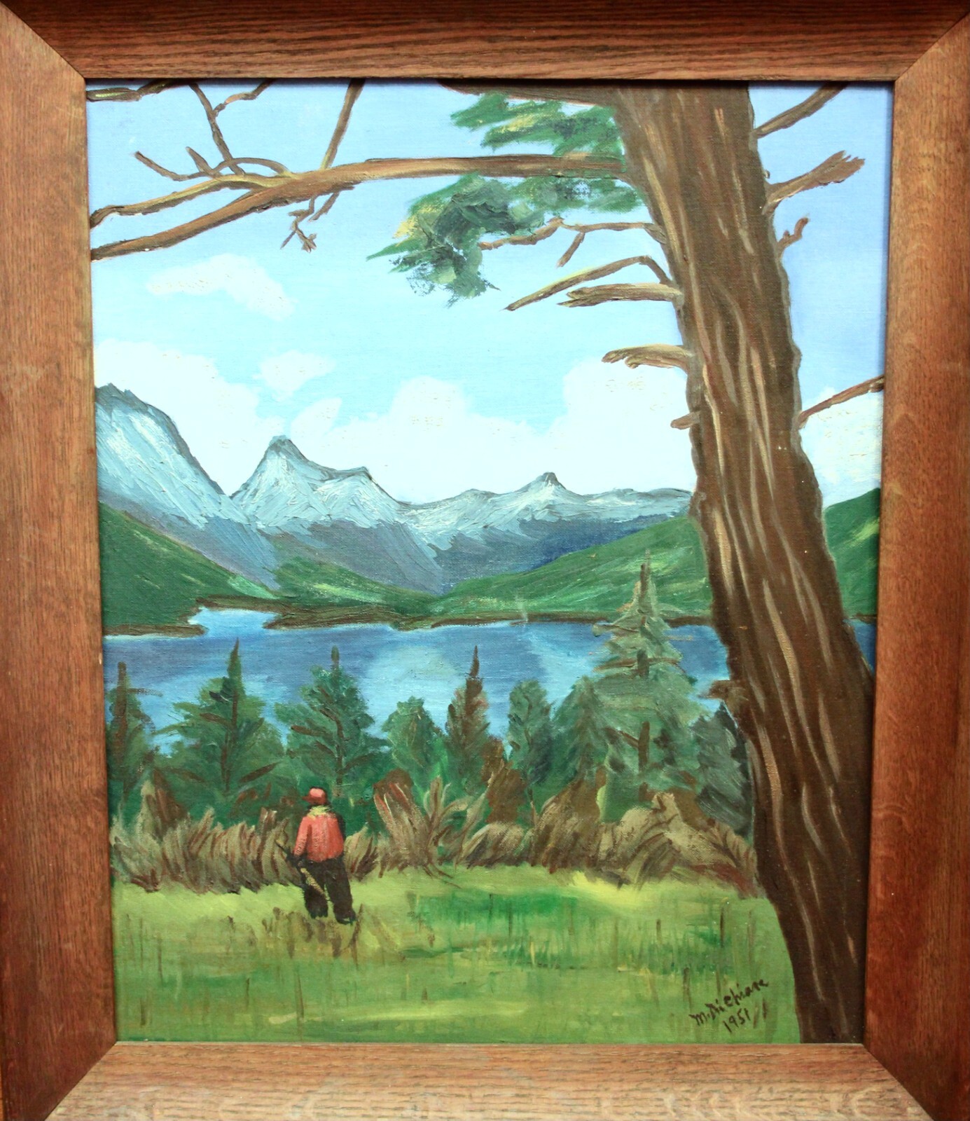 Vintage Oil Painting Folk Art Hunting Lake Mountains Framed Signed 1951 24×20″