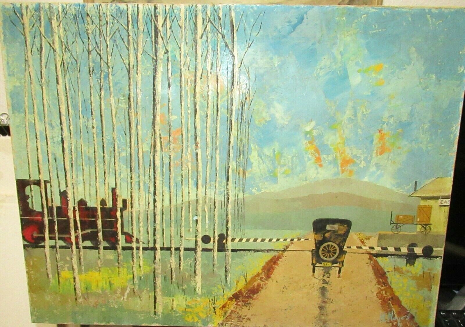 H.NOYES AMERICAN SMALL TOWN RAILROAD LANDSCAPE ORIGINAL OIL ON CANVAS PAINTING