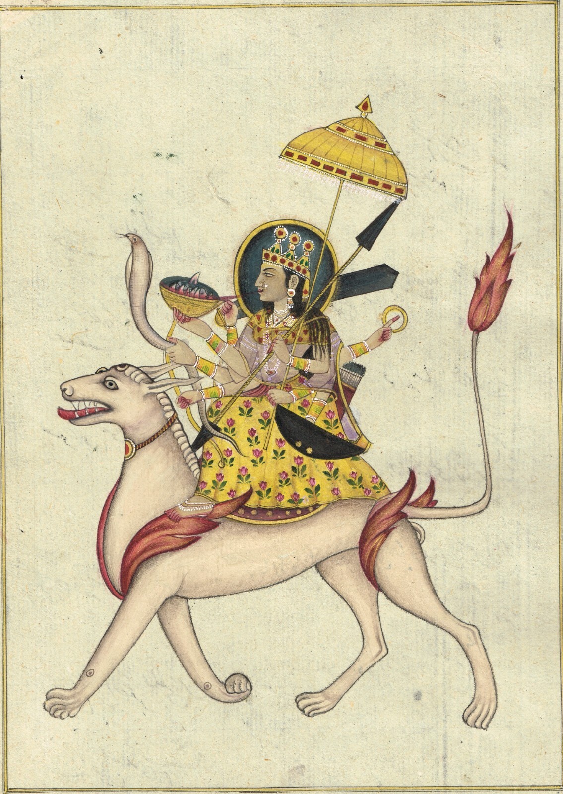 Indian Miniature Painting Of Hindu Goddess On Goat Gouache On Paper 8×12 Inches