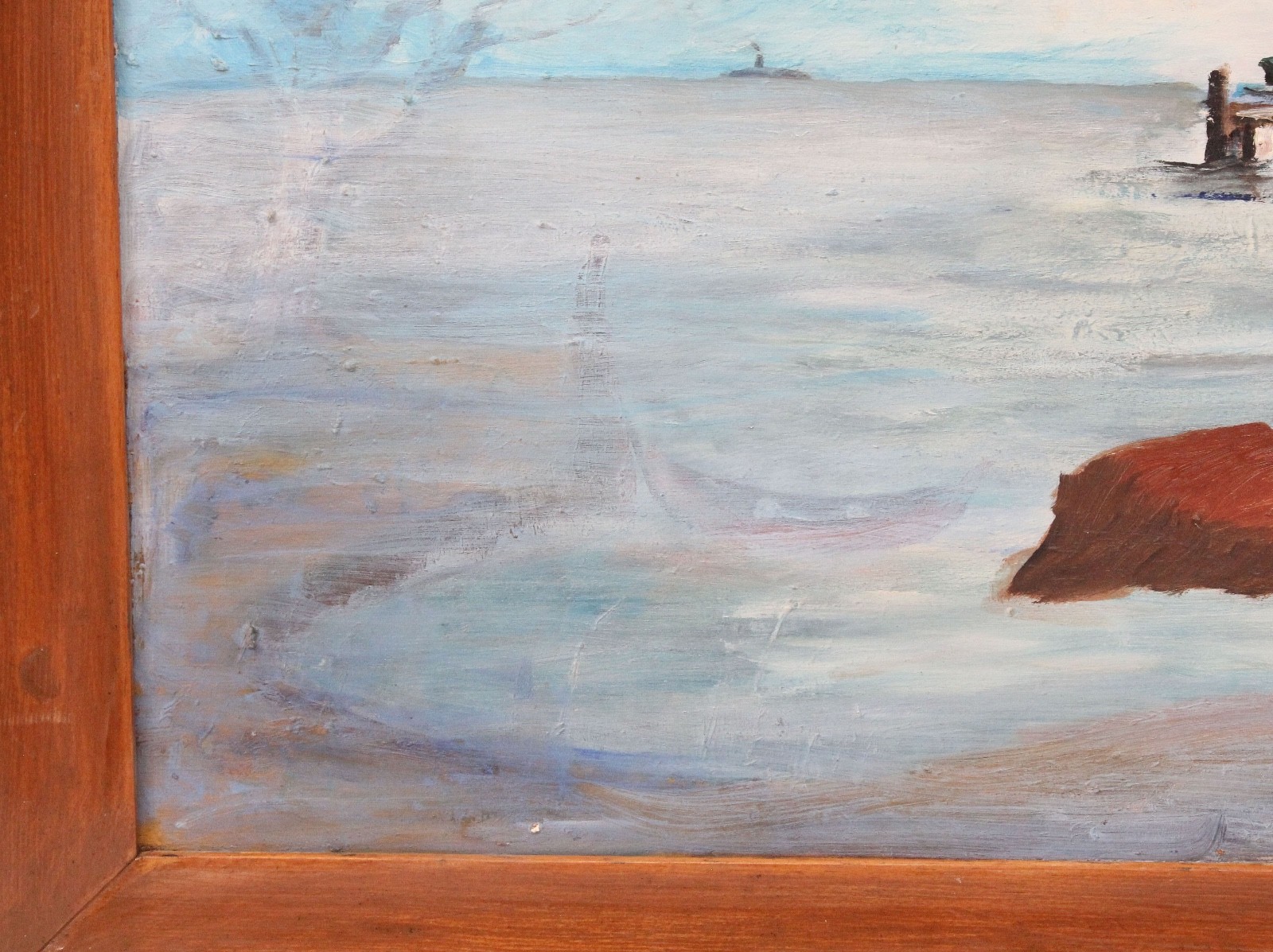 Vintage 1959 Oil Painting 15×23 Lone Harbor Village Nautical Ocean Folk Art