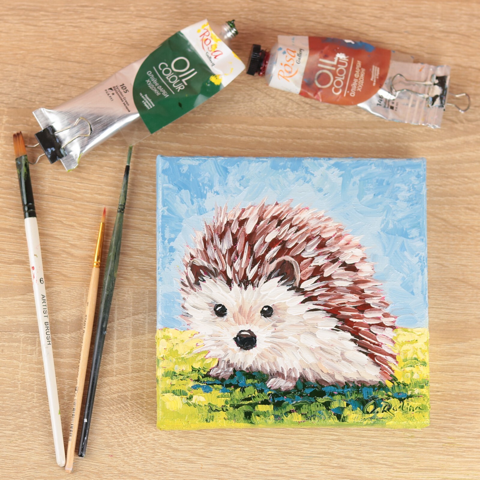 Hedgehog Oil Painting Original Small on Canvas Woodland Animal Art Nursery Kids