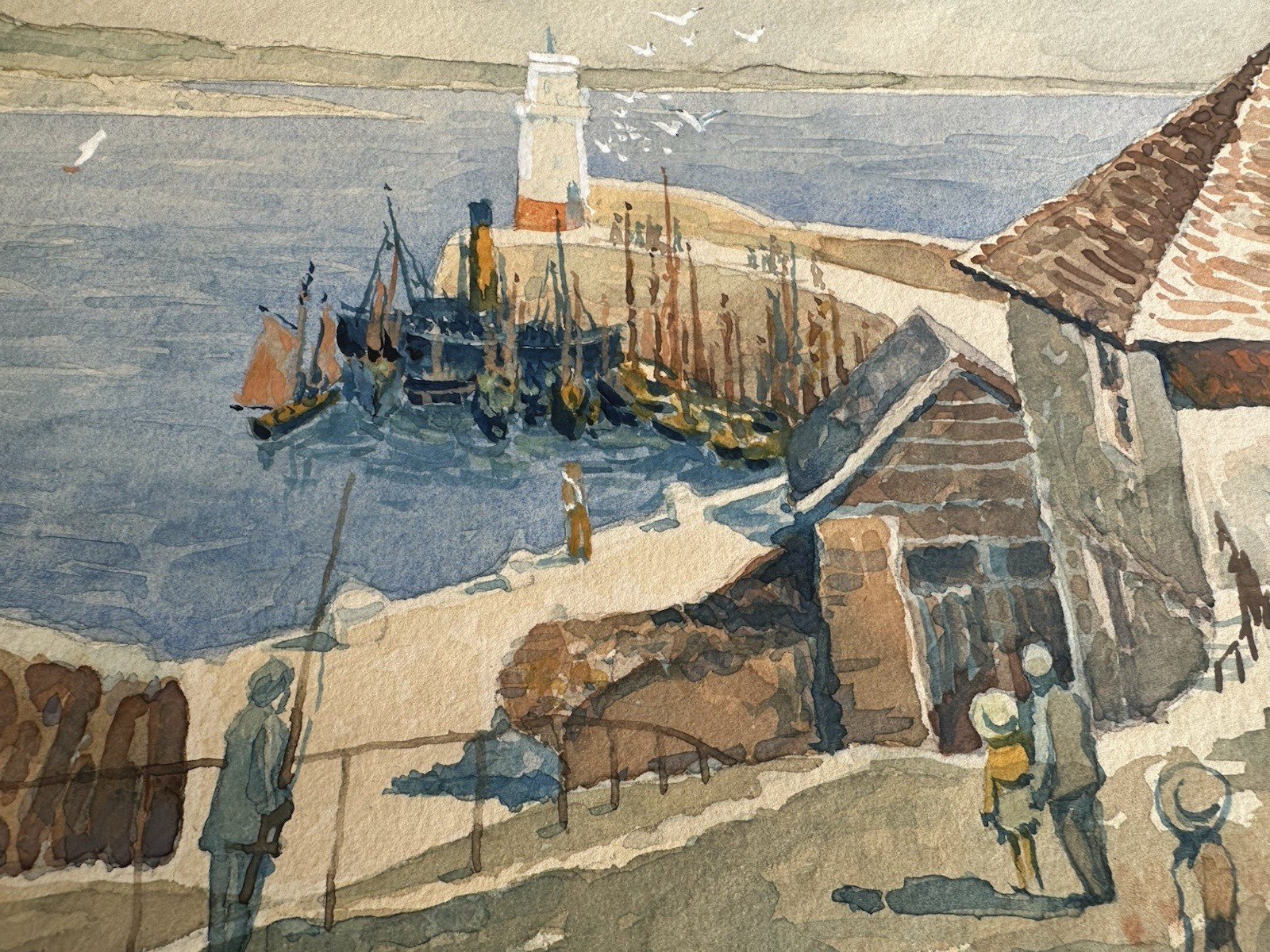 1945 E. Sproat “Penzance from Newlyn Harbour” Watercolor Painting Fishing Boats