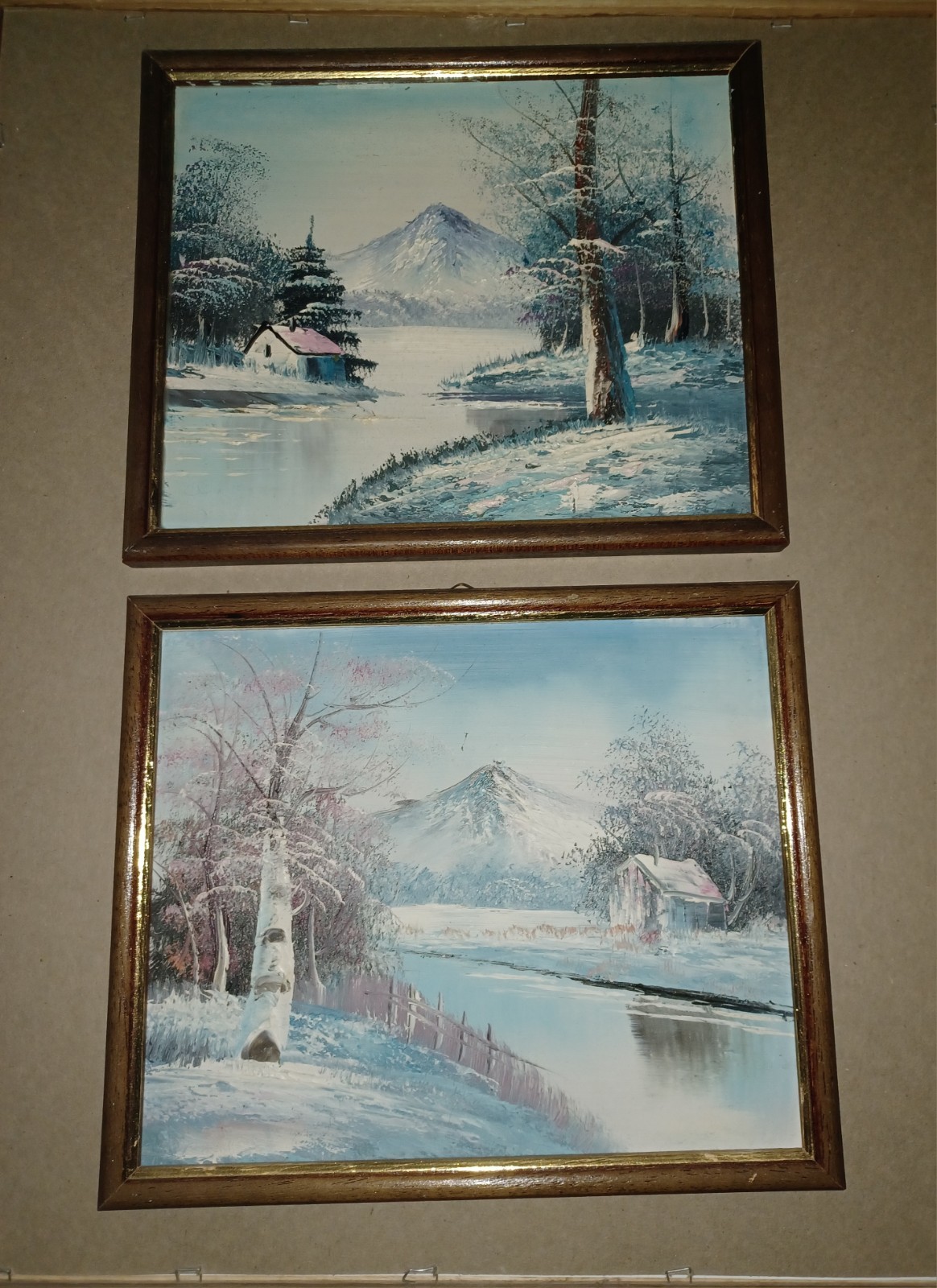 Original Oil Painting Set Framed Snow Winter Blues Trees Mountains River Cabin