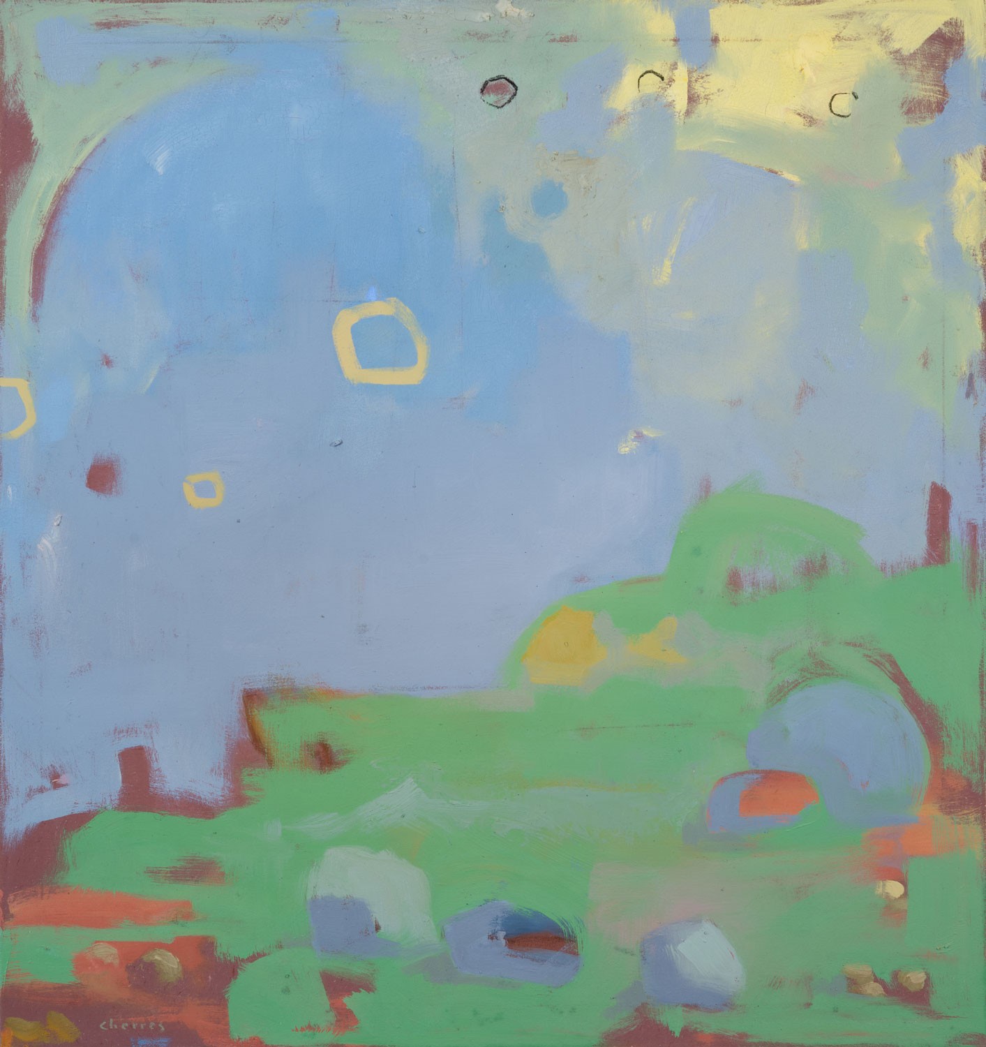 Blues and Greens Abstract Landscape Original Oil Painting 34×32 Aldo Cherres Art