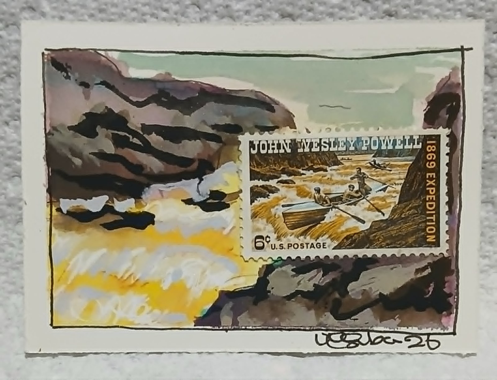 Postal Whimsy OOAK 6¢ Powell Expedition Stamp ACEO Canyon Landscape Colorado