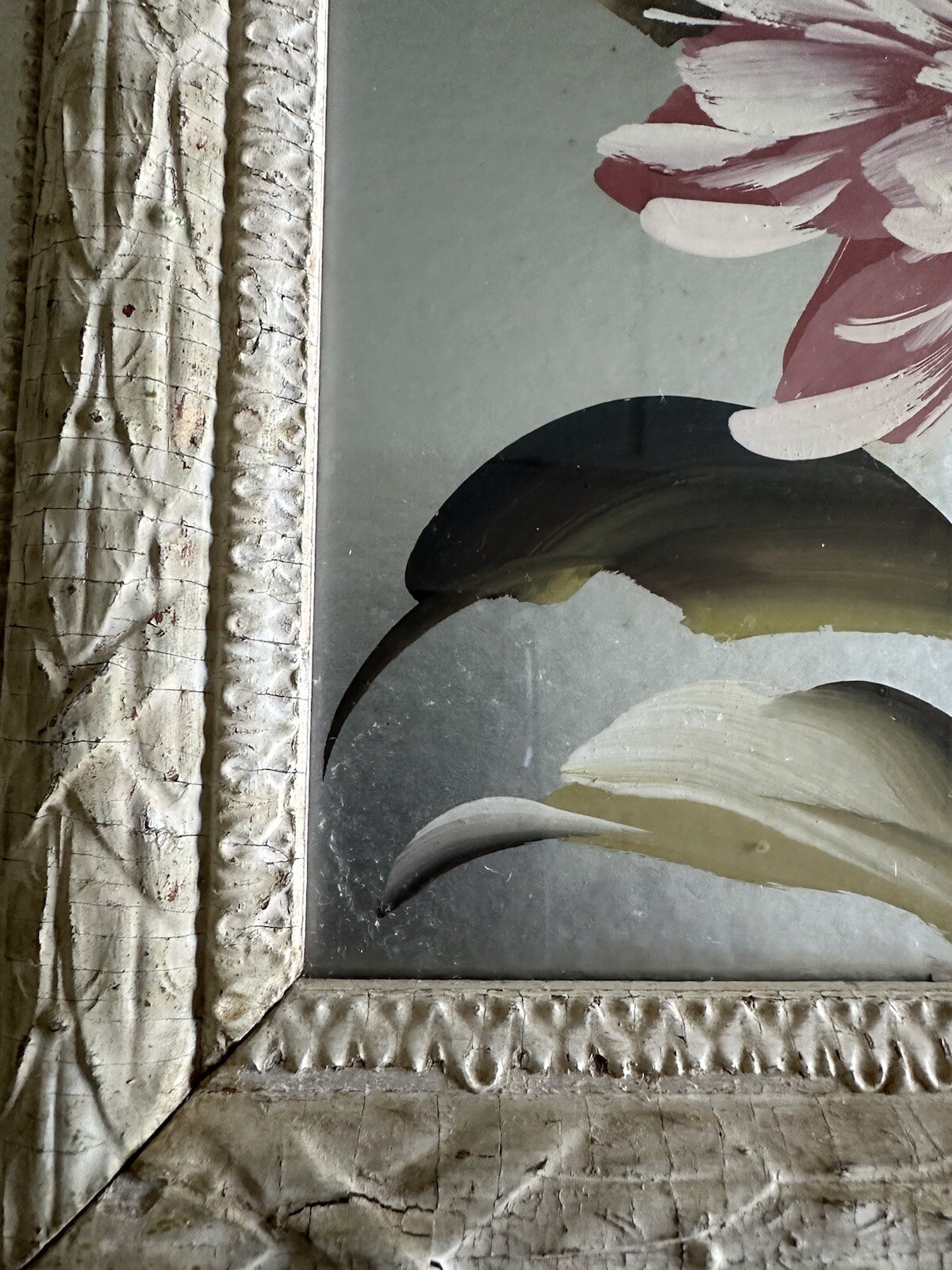 Antique Vintage Oil on Silver Board Floral Painting in Original Frame Airbrush