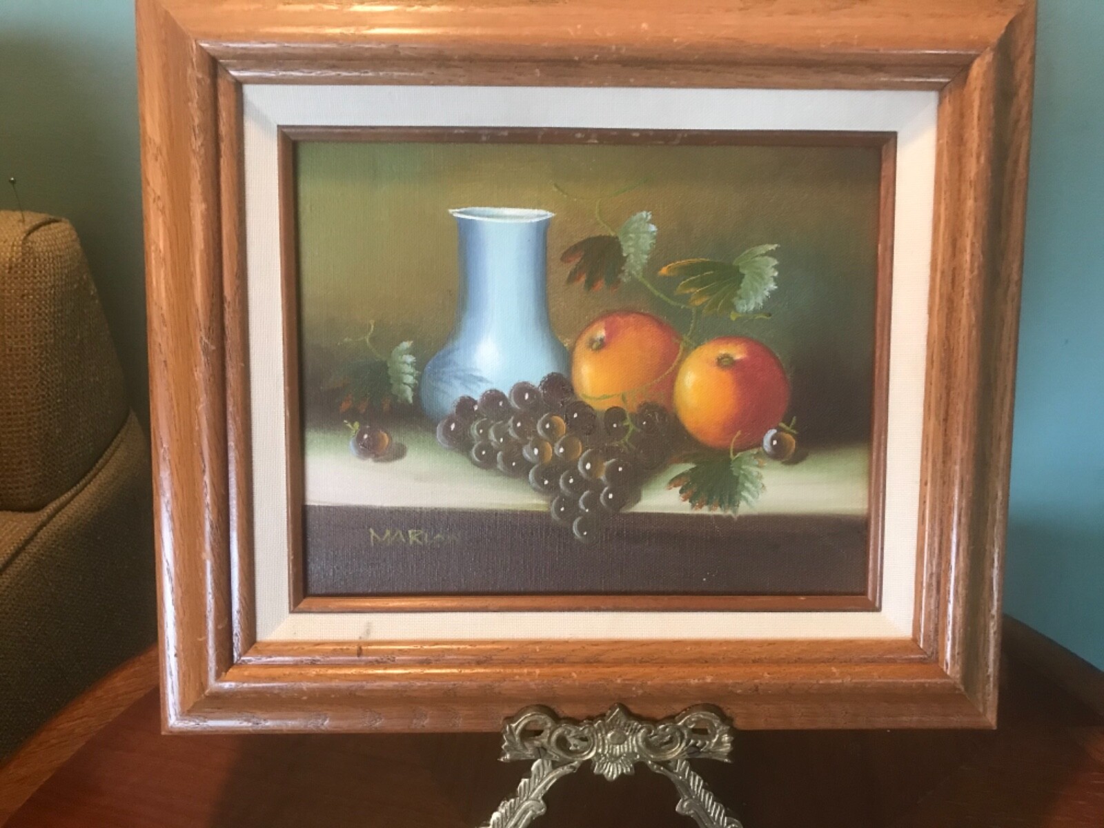 Original Oil Painting MCM 12″ X 14″ Still Life Fruit Vase Grapes Framed signed.
