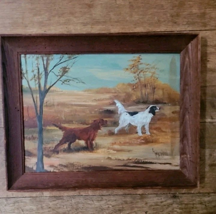 Vintage Oil Painting Hunting Dogs Setters Signed Wood Frame Midcentury OOAK