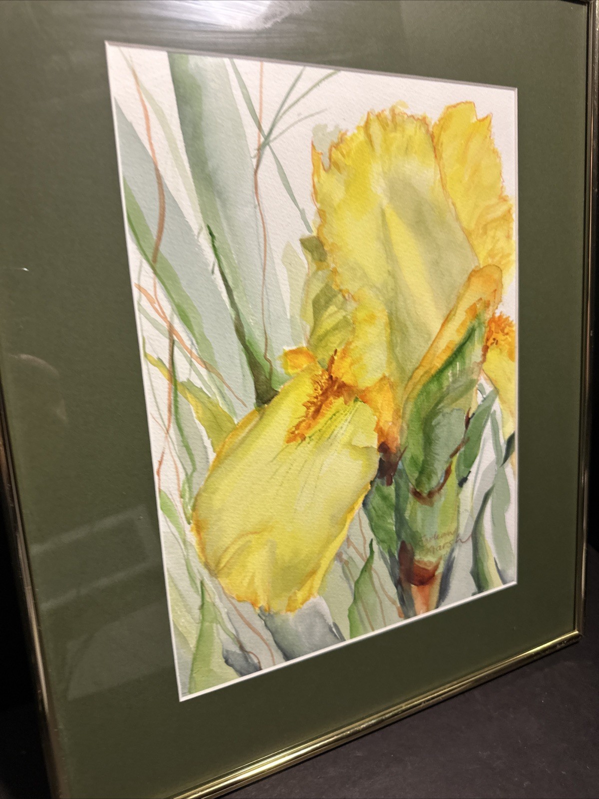Vintage Watercolor Painting Yellow Iris Signed Framed Floral Art 19×16 #P