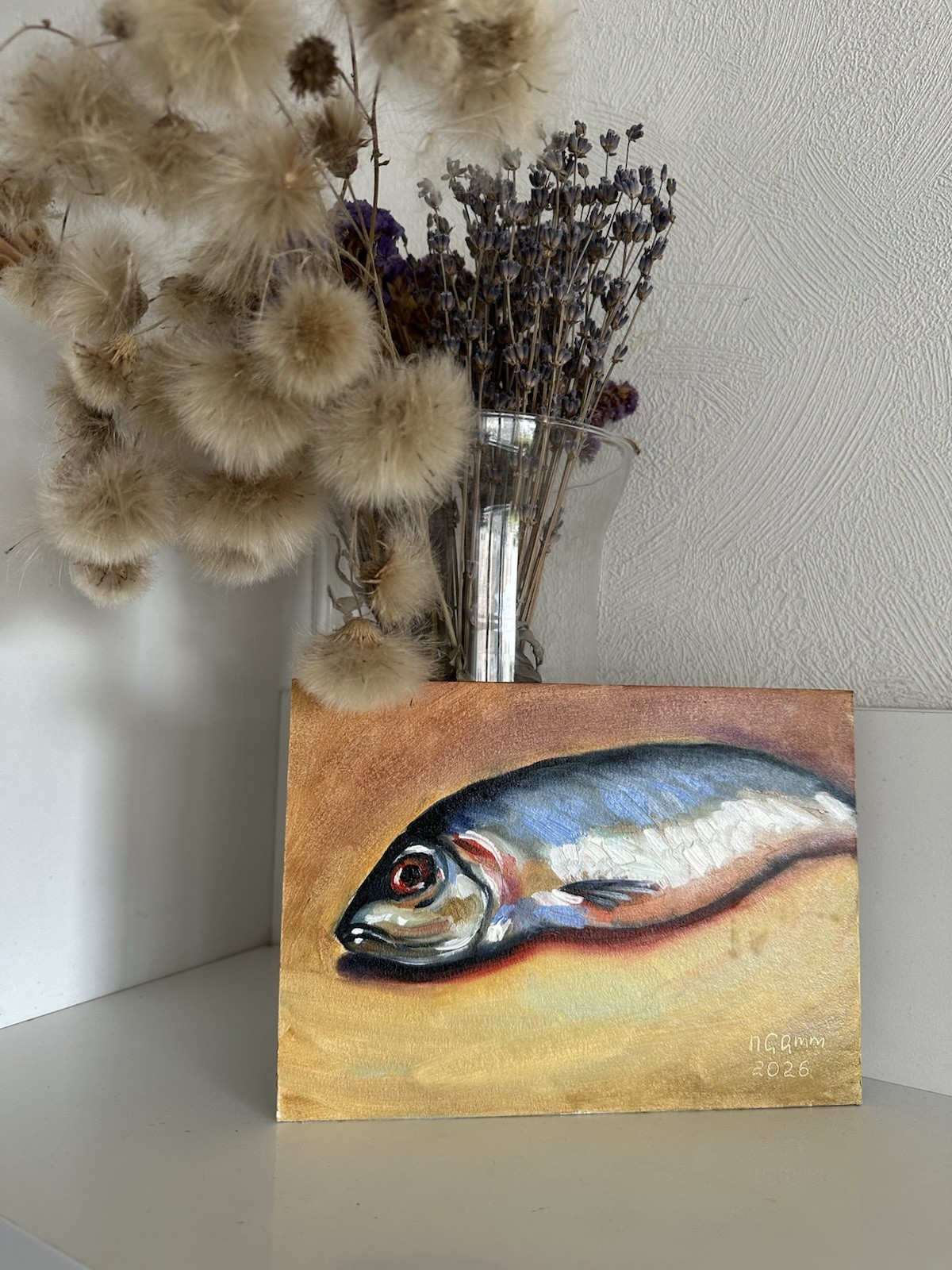 original oil painting Fish 15х21cm Wall Art Handmade Gift Herring