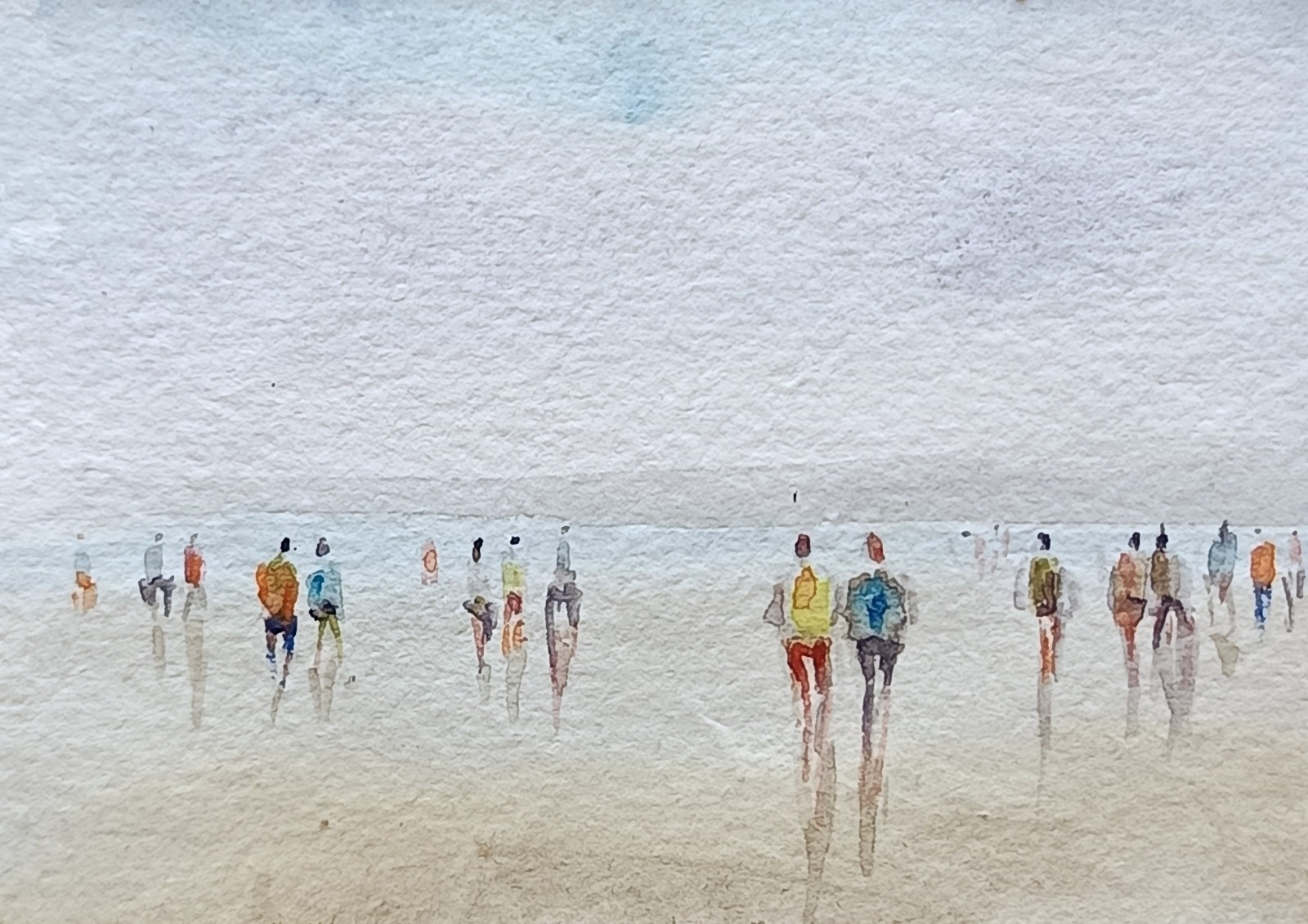 ACEO painting watercolor original Beach figures people sea sky rural sky SIBY