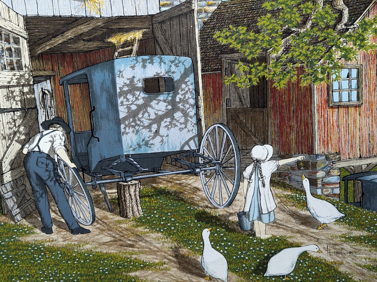 h hargrove original oil painting girl feeding ducks while dad works