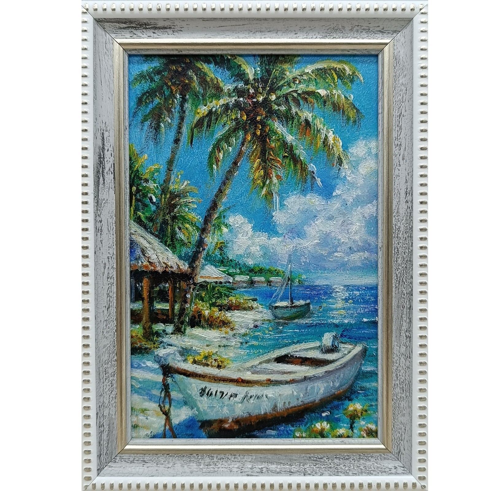 Tropical Beach Original Oil Painting 4×6 Framed Signed Ocean Palm Tree Boat Art