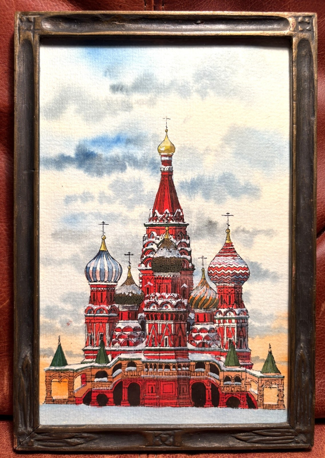 Antique St. Basil’s Cathedral Moscow Watercolor Painting Nouveau Frame 1926