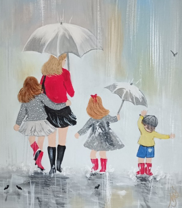 Minimalist Painting of Family in Rain Children and Mother by Bertini- Special