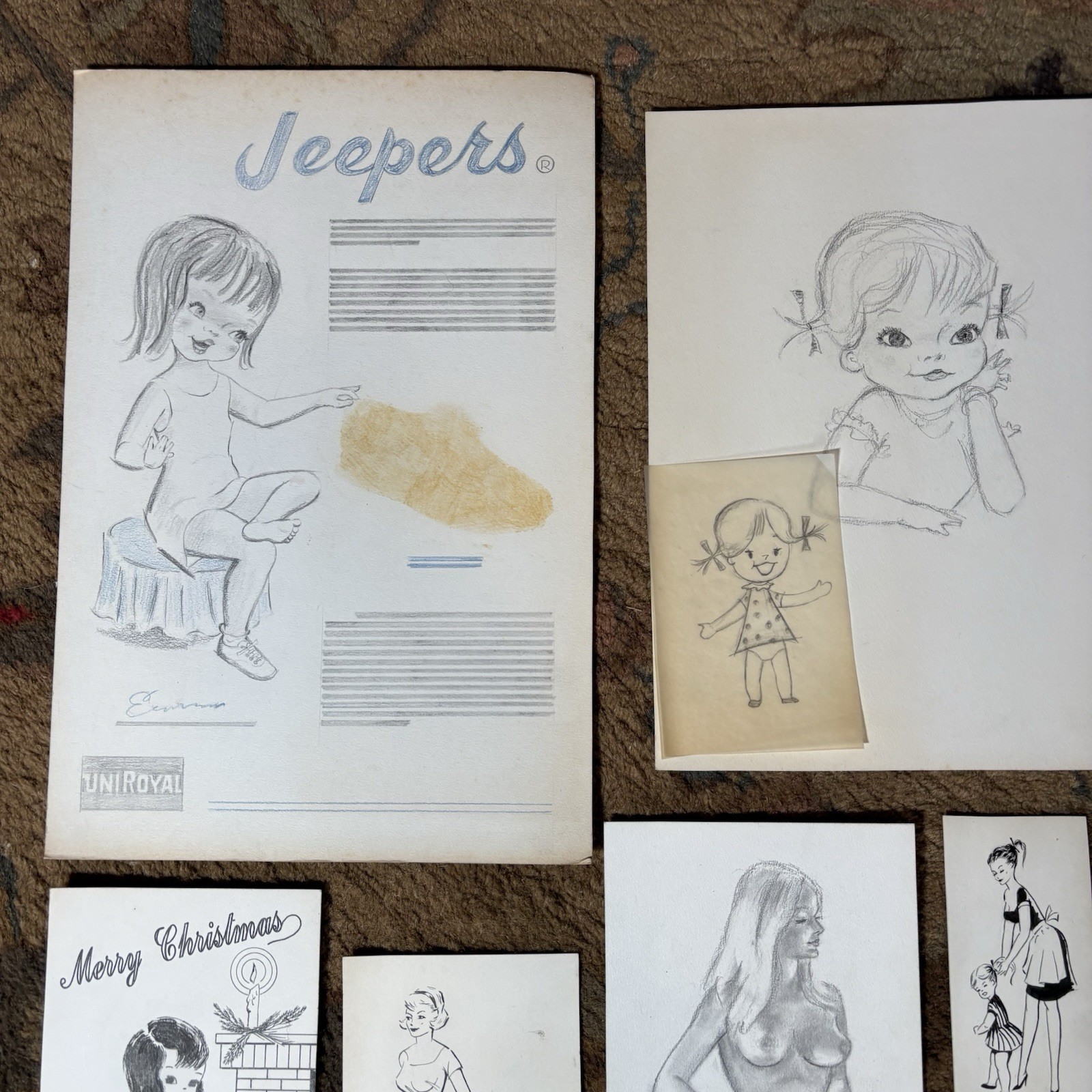 Vintage 1950’s Original Concept Art Hand Drawn Painted People Christmas Oriental