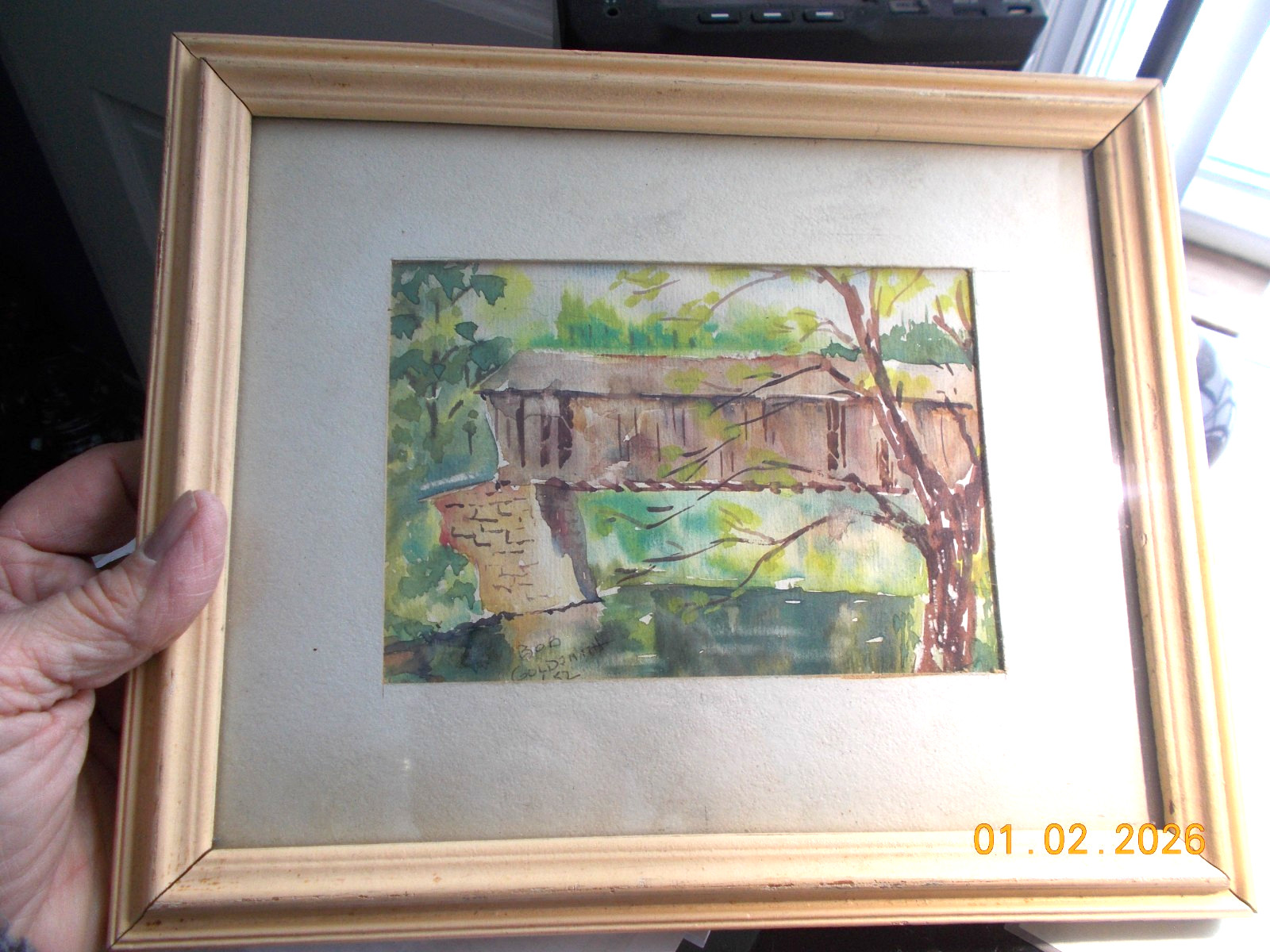 9-1/2″ x 11-1/4 Framed Original Watercolor Covered Bridge, Signed Bob Goldsmith