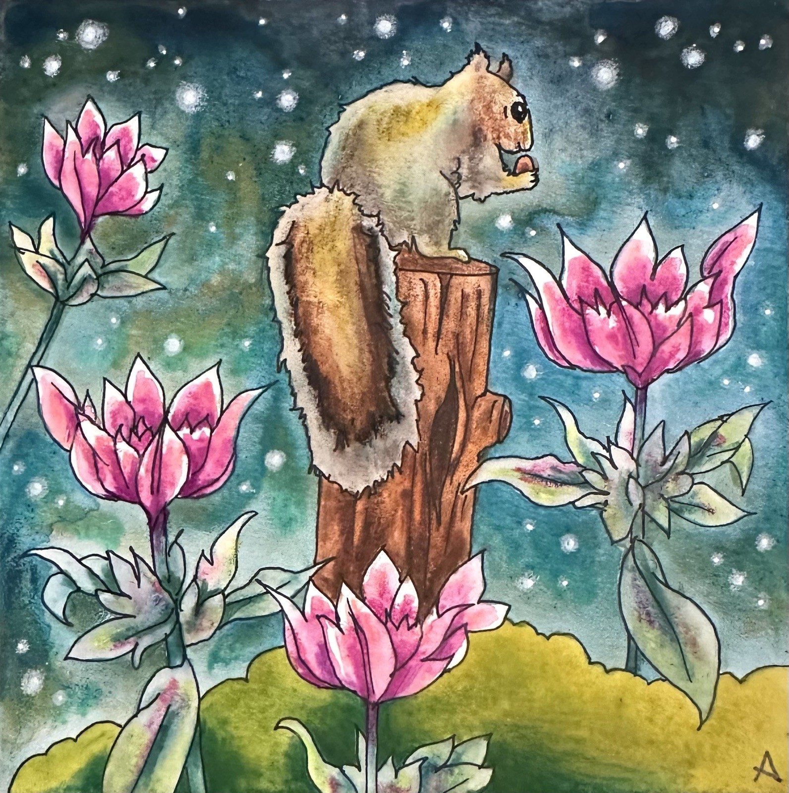 Squirrel with Bergamot Flowers By Amy Weber 4×4 Painting Original Art