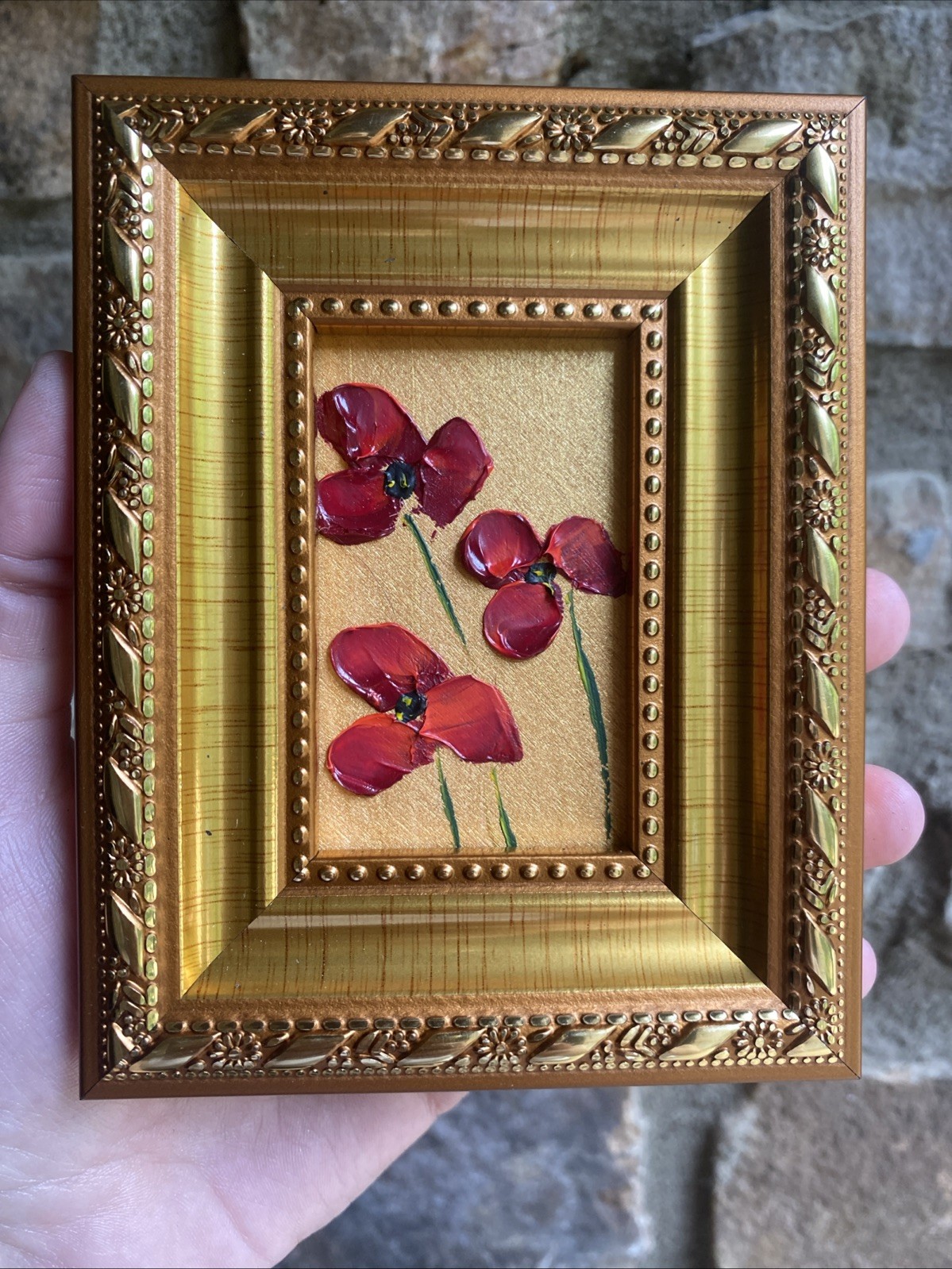Red Poppies Flowers Original Oil Painting framed,gold,miniature,small,mini