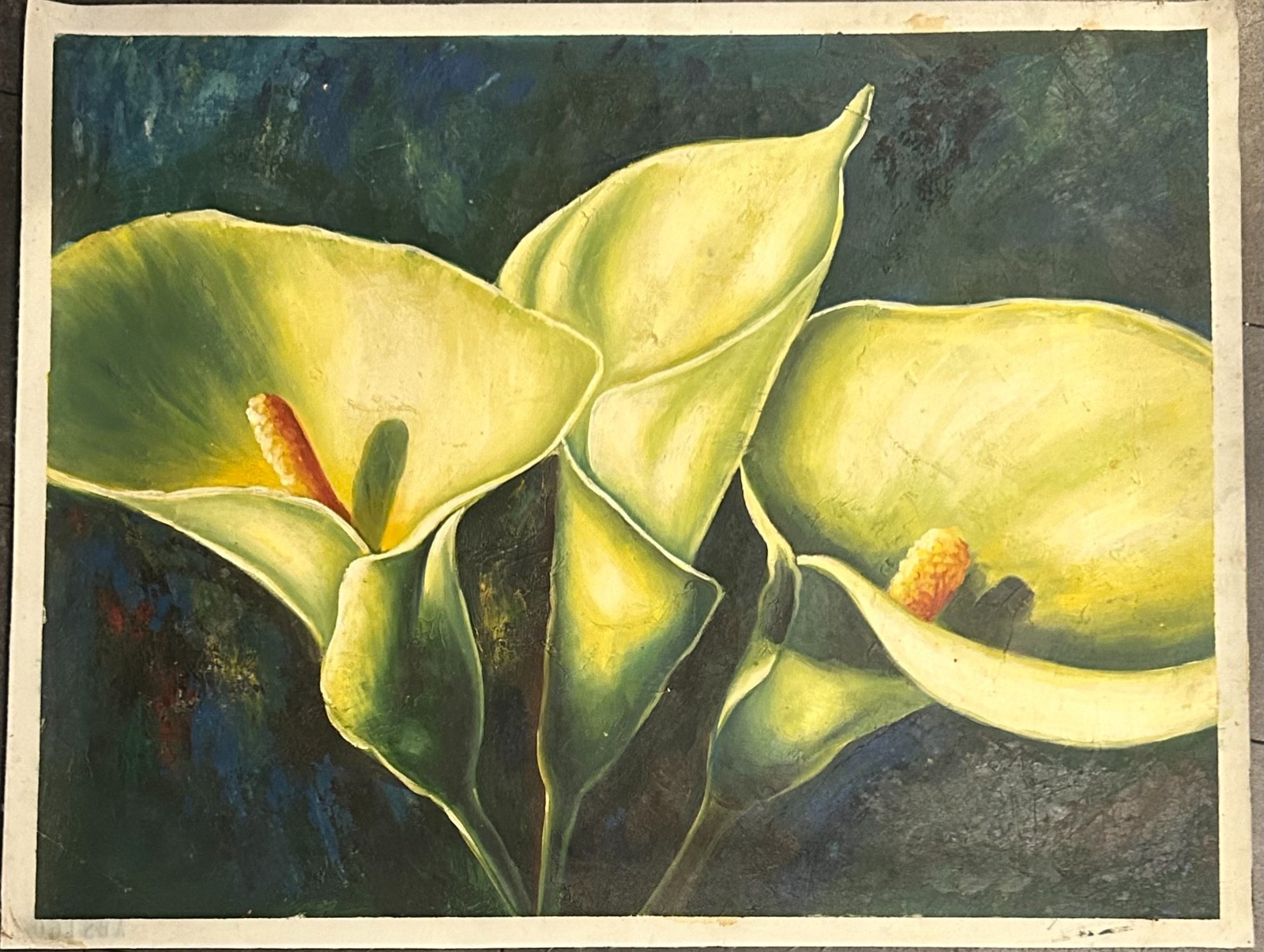 Hand-Painted Oil Painting on Canvas Paper 27×35. “Three Calla Lilies”