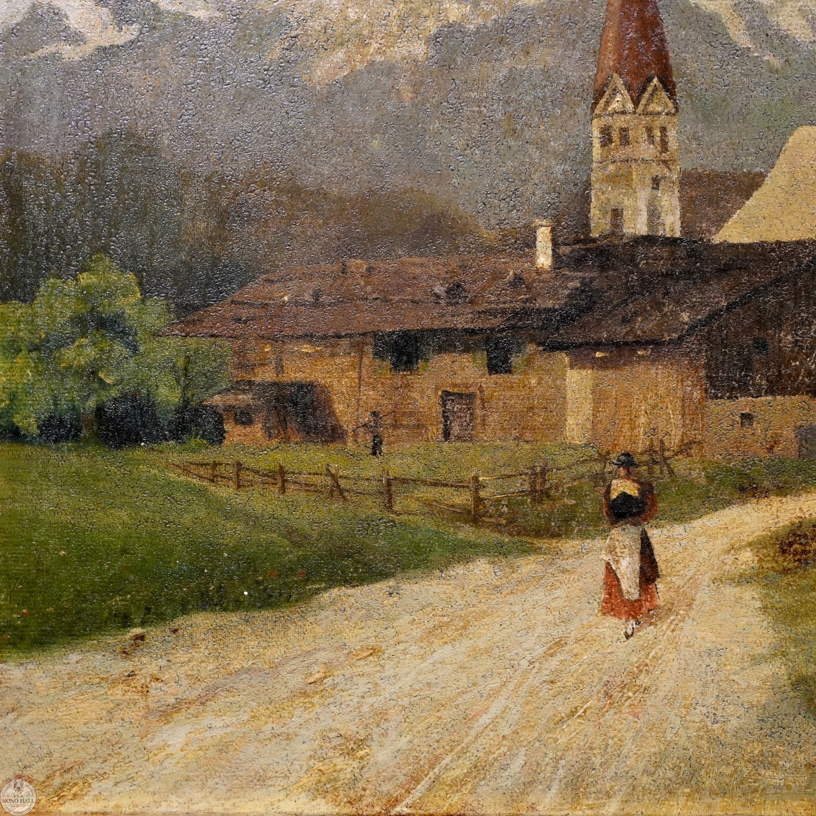 Antique 19th C. Original Landscape Oil on Canvas “Alpine Village” By R. Albrecht