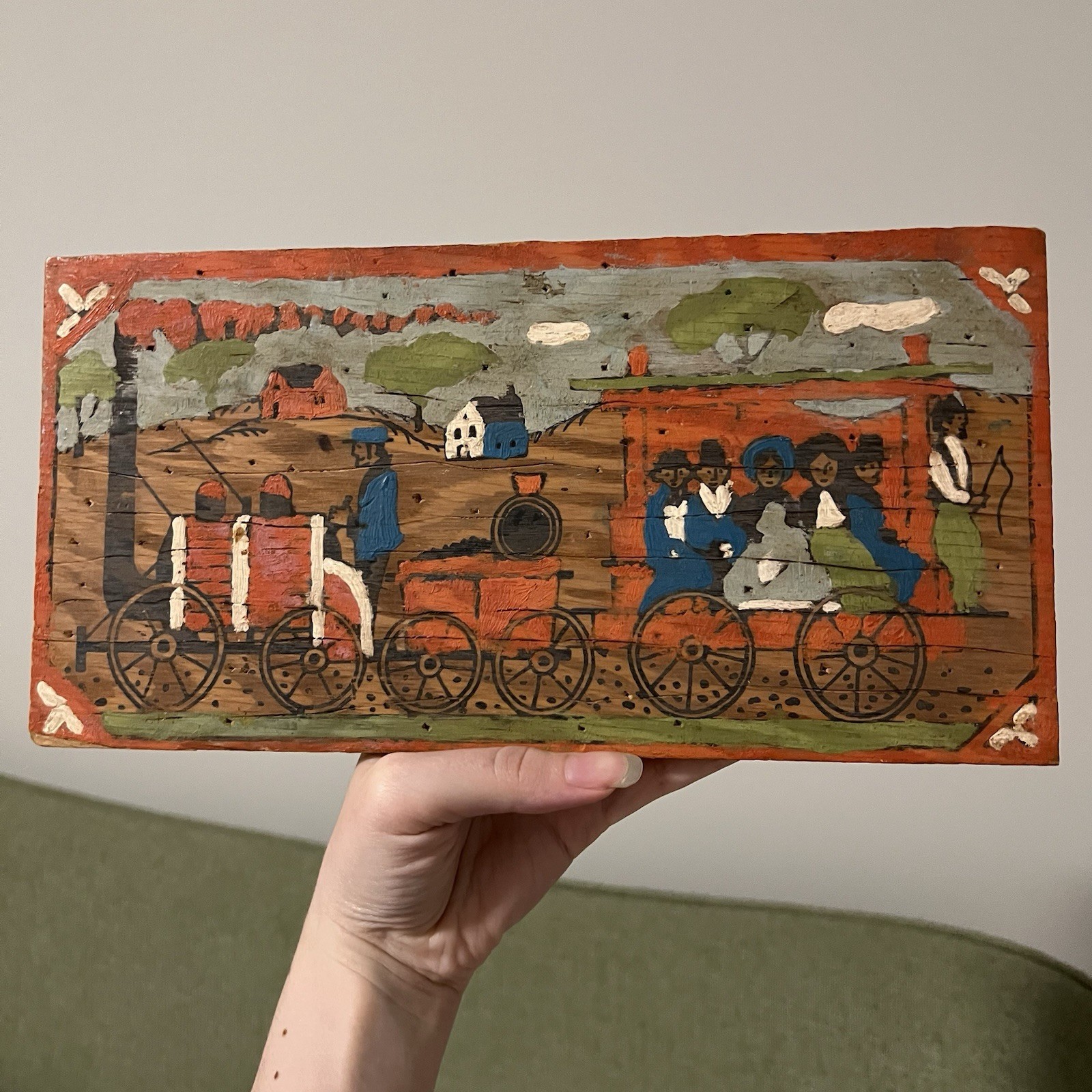 Folk Art Hand-Painted Wood Panel Painting, Train Scene Landscape Figures, Small