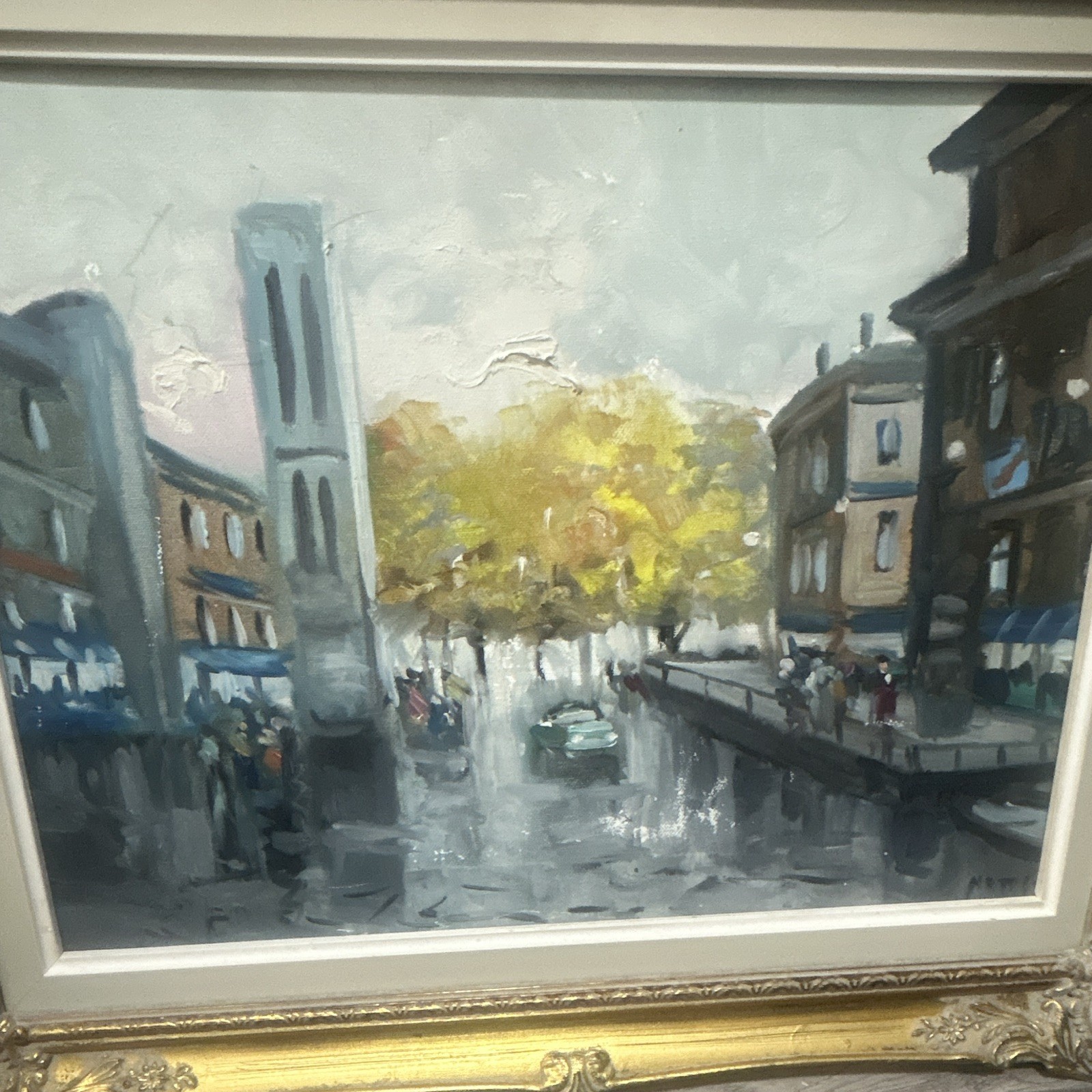 Hand painted and Signed in italy City Street Scene Painting on Canvas Framed