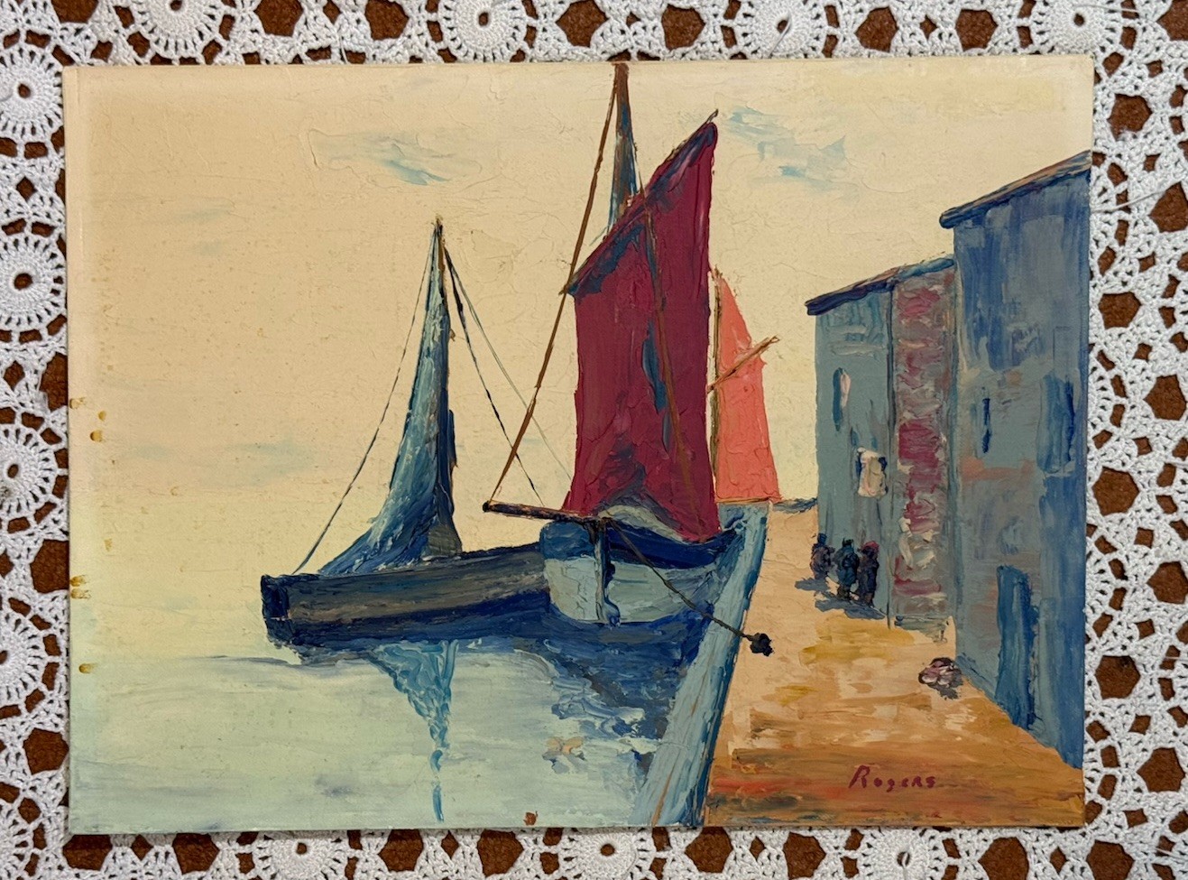Oil Painting Canvas depicting harbor colorful sailboats Coastal Scene Signed