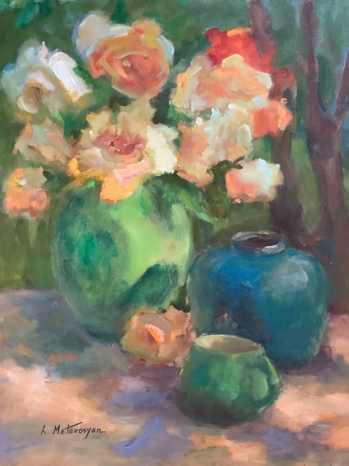 Original Oil Art Impressionism 20”x16 Floral Garden Roses Still Life Signed
