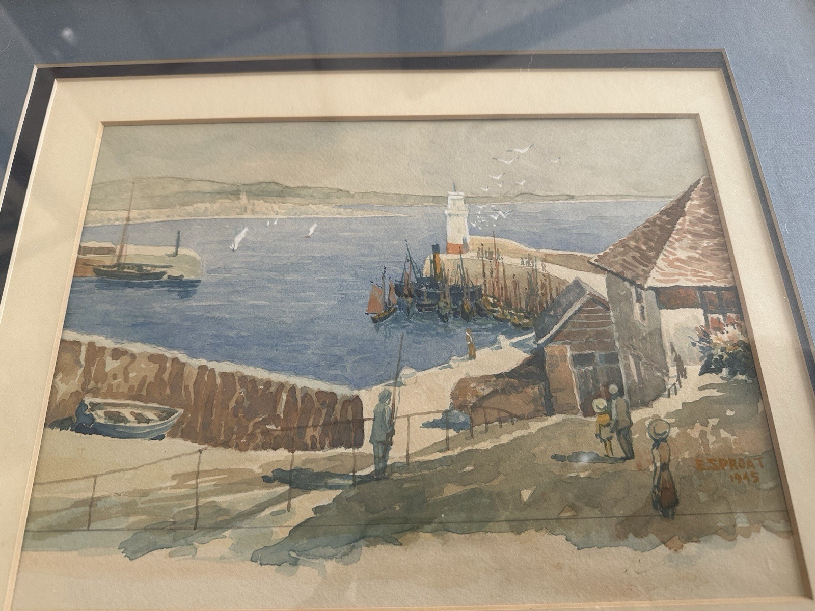 1945 E. Sproat “Penzance from Newlyn Harbour” Watercolor Painting Fishing Boats