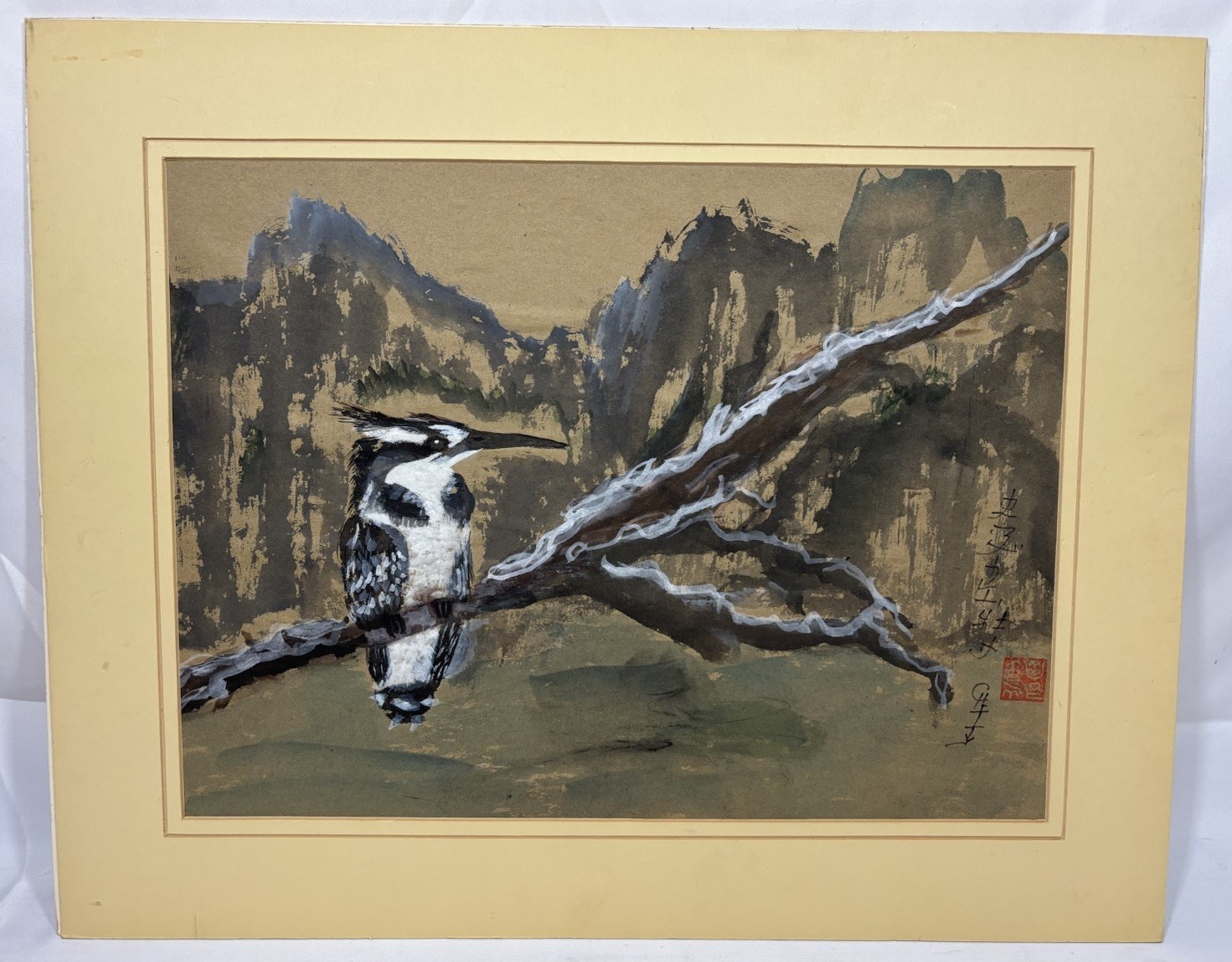 Vintage Original Asian Style Pied Kingfisher Ink Watercolor Painting Signed