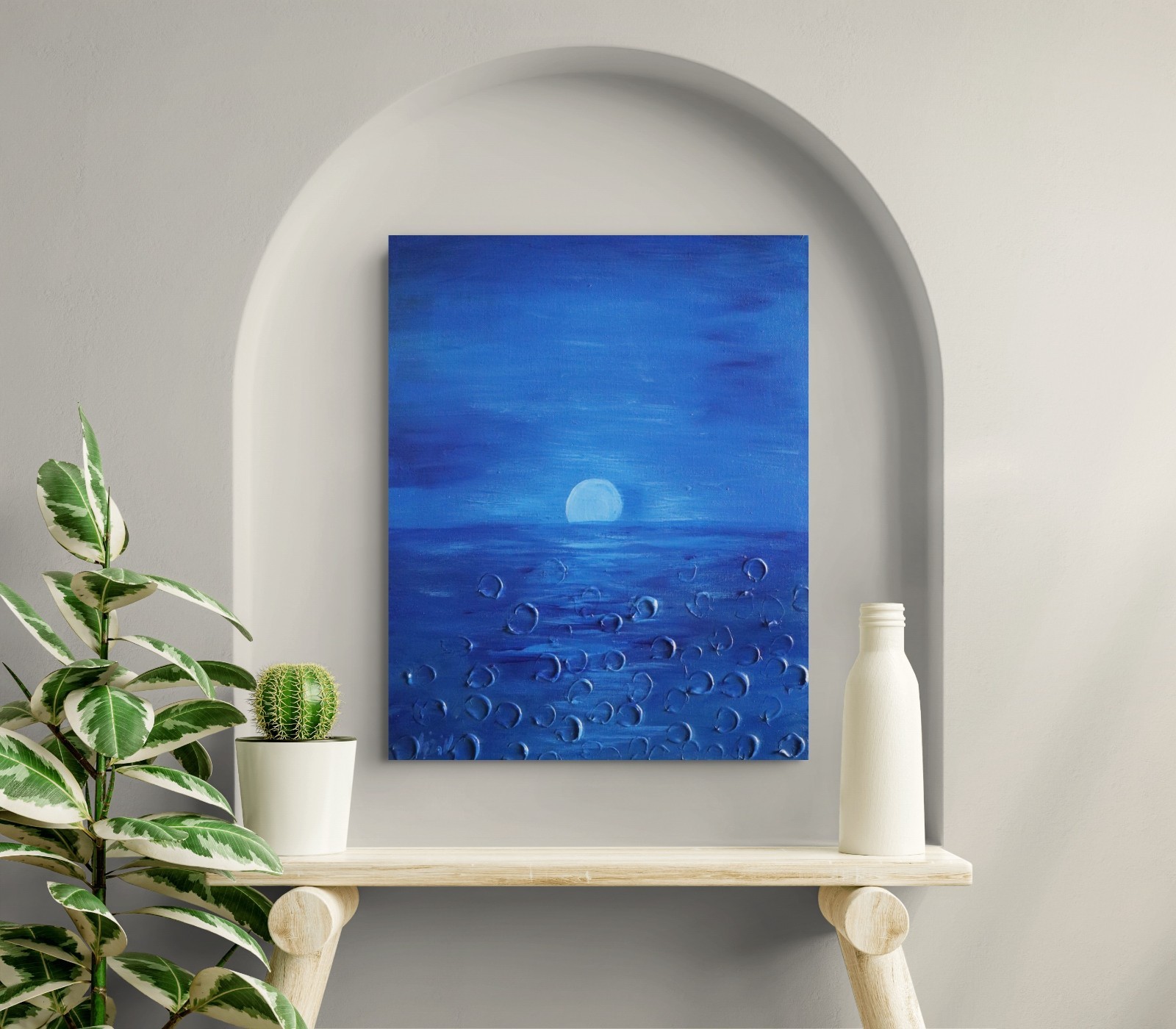 Original Moonlit Water Reflection Painting 16×20 Blue Textured Coastal Art