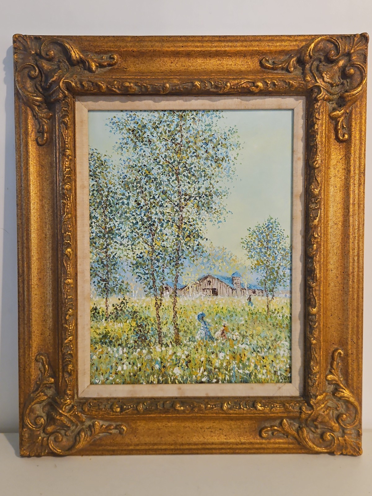 Original Oil Painting On Canvas Flower Field Landscape Gilded Wood Frame Cliff