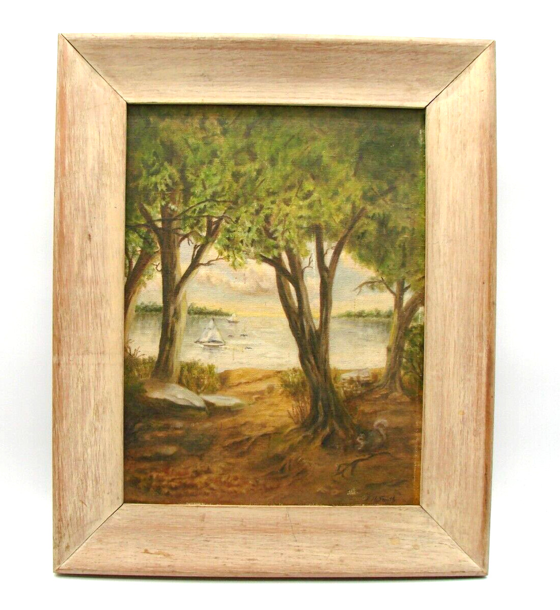 Painting Art Forest Lake Scene Portrait Canvas Wood Framed Vtg J.H. Smith Signed