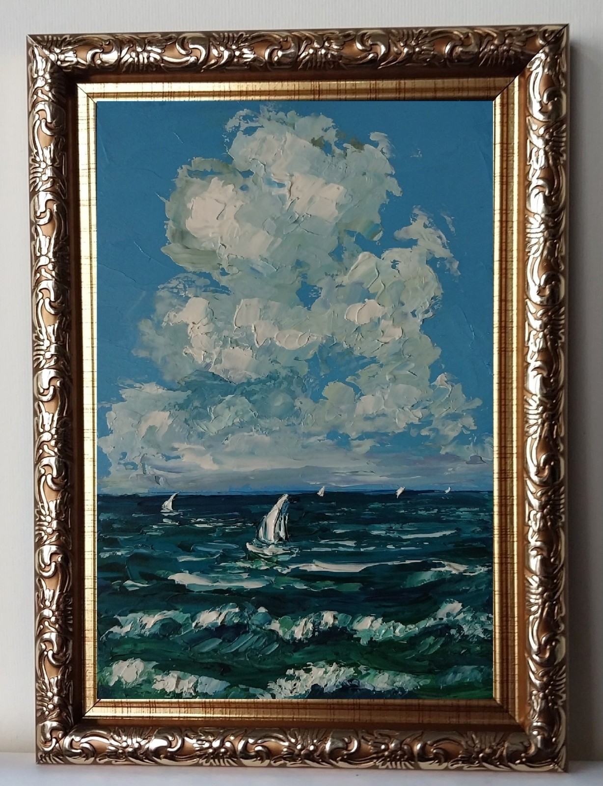 Framed Sailboats Art Cloudy Sky Seascape 4×6 inch Impasto Oil Painting Original