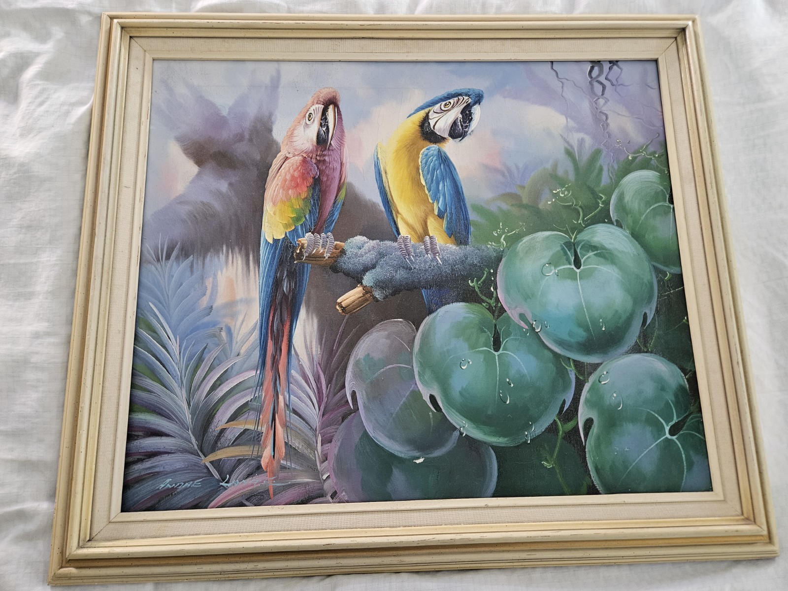 🎨🦜 Andre Lange Oil Painting – Tropical Parrots 20×24 Canvas / 25×29 Frame 🌺🌴