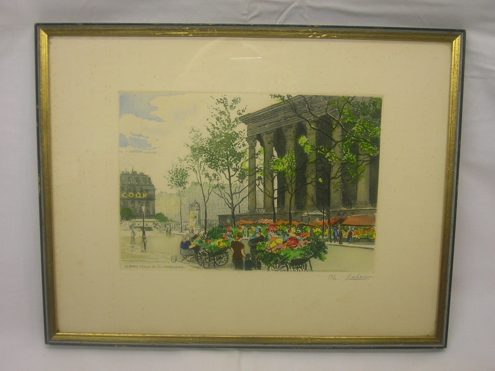 Paris France Place/de/la/Madeleine Art Piece Color Etching Flower Market Signed
