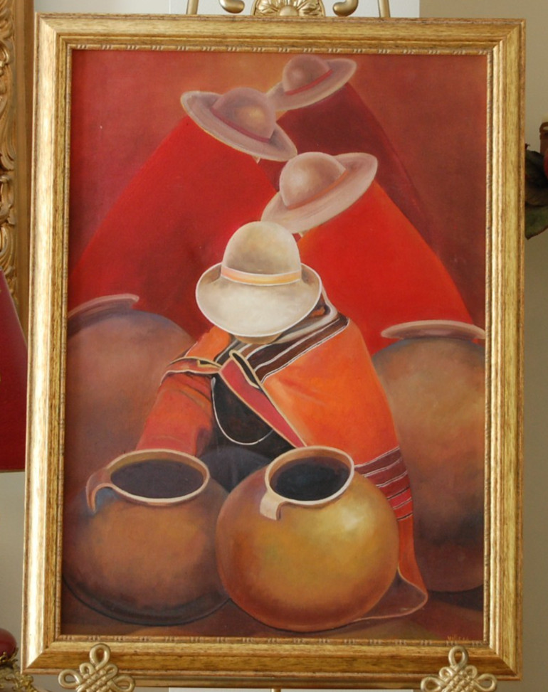 LARGE FRAMED ORIGINAL OIL PERUVIAN WOMEN AND JARS MARKET SCENE ARTIST: VALLE