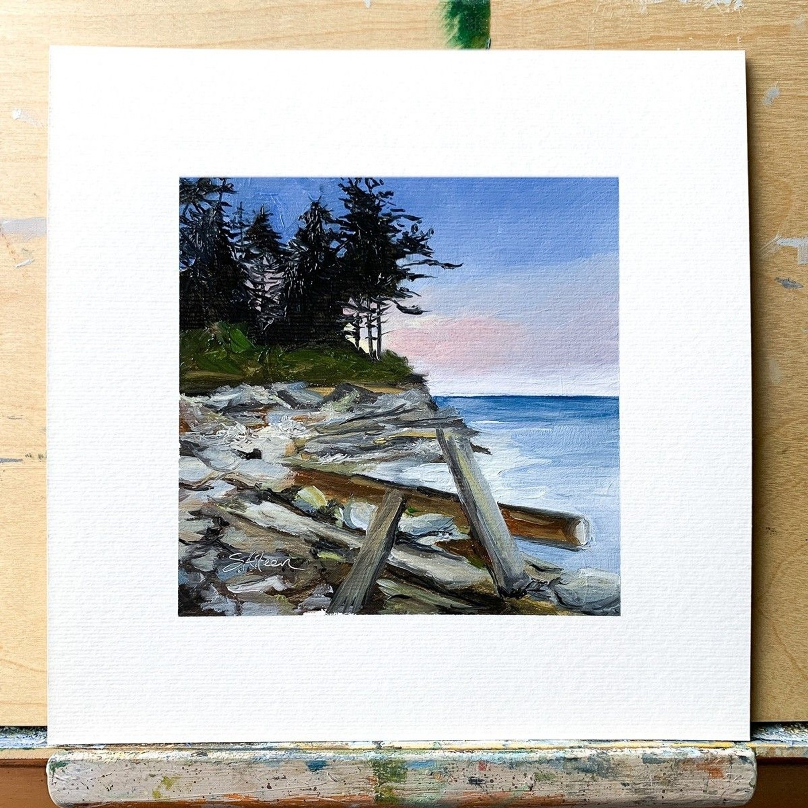 8×8 PNW Original Oil Painting Seascape Pacific Landscape Sunset Driftwood Signed