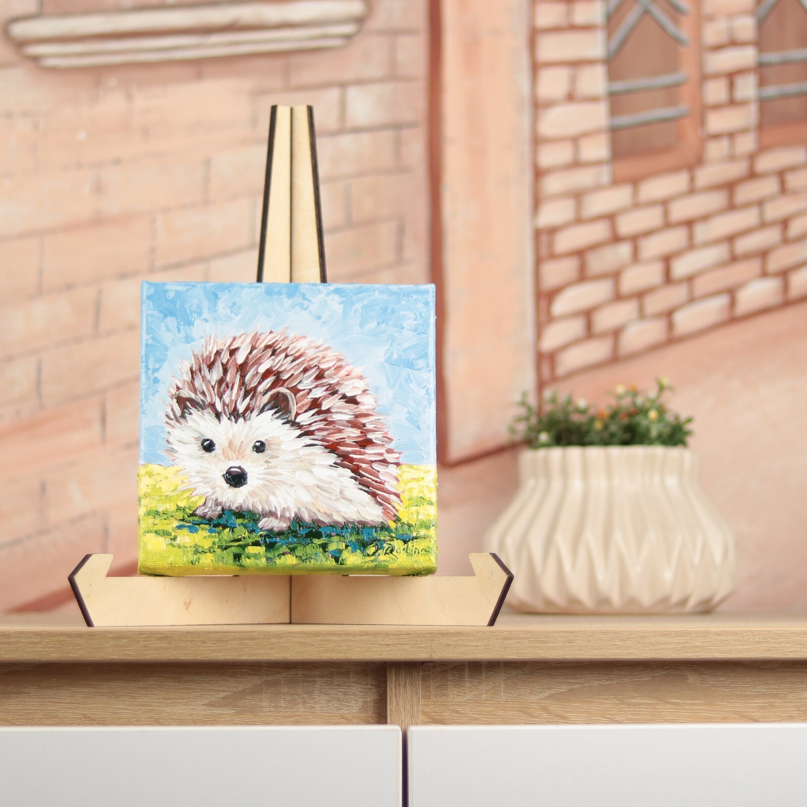 Hedgehog Oil Painting Original Small on Canvas Woodland Animal Art Nursery Kids