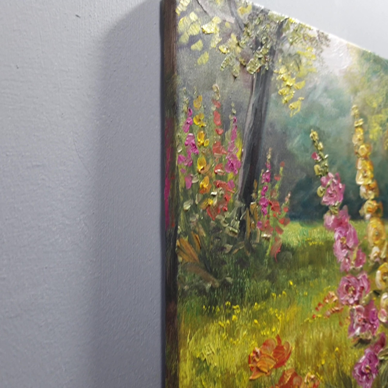 Colorful Hollyhocks Oil Painting Original Garden Flowers Wall Art Canvas 10×10
