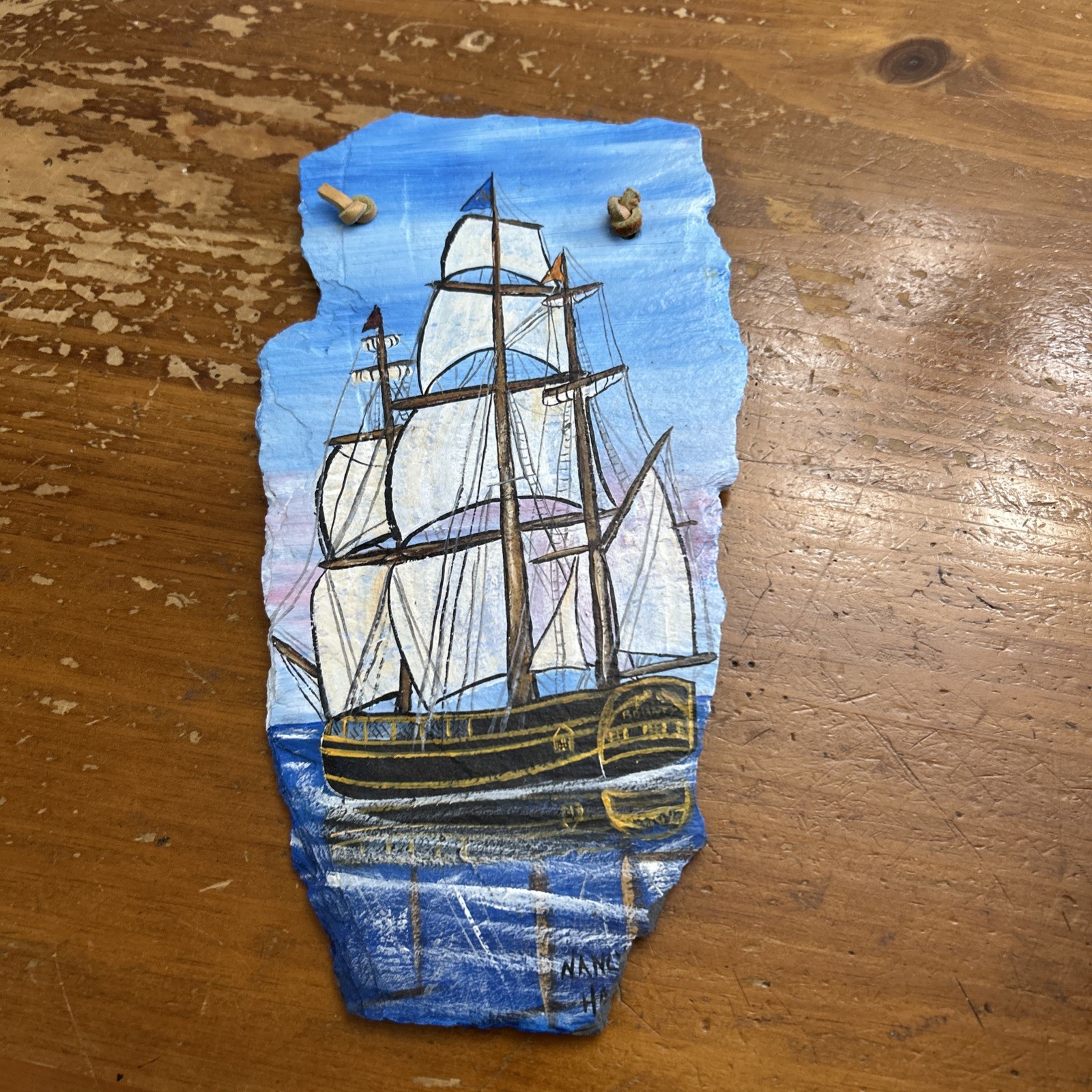 Hand Painted Ship Bounty Slate Art By Nancy Hagy Vintage 5 X 11 Vintage