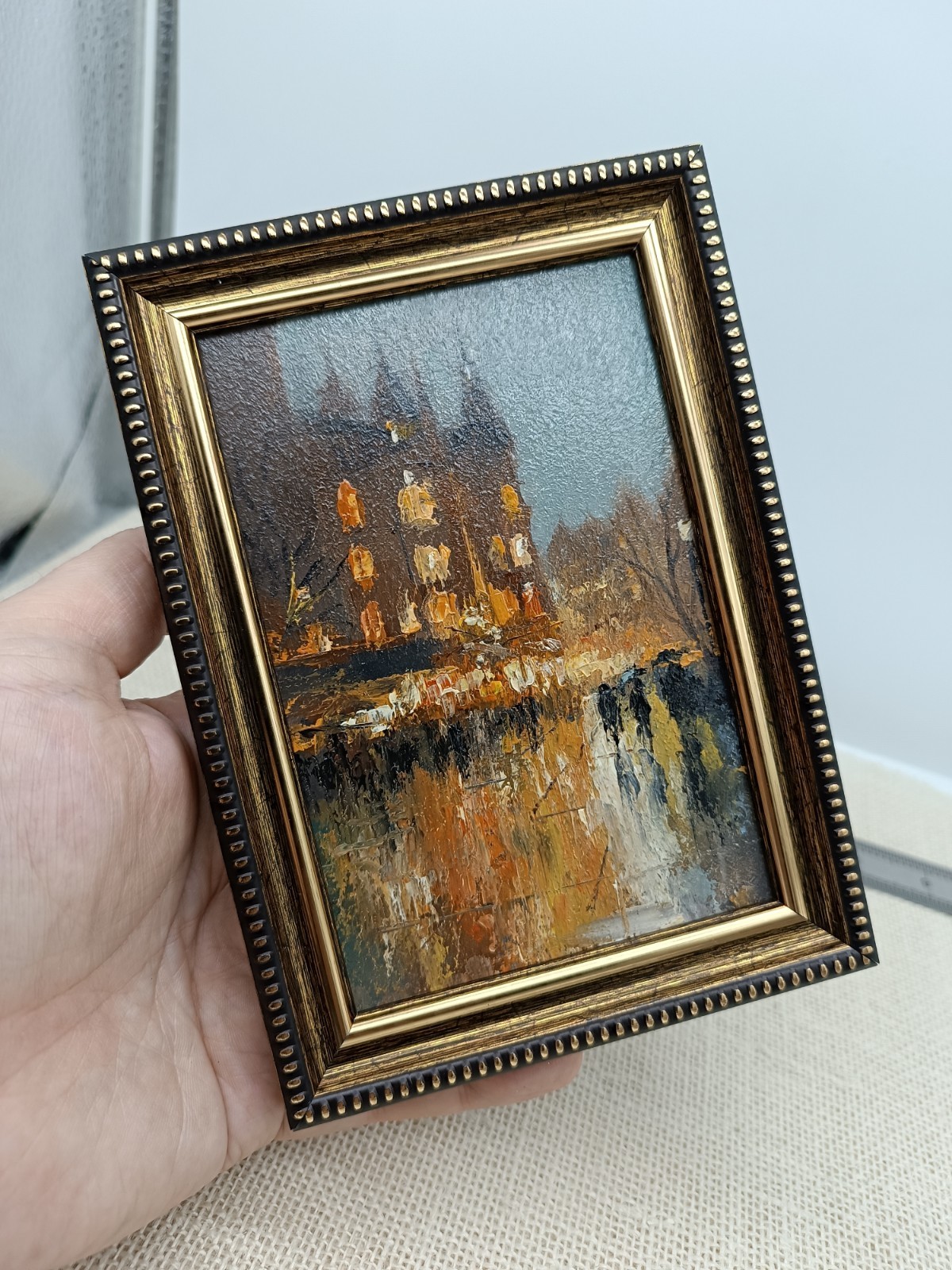 Paris Original Oil Painting 4×6 Framed Signed Rainy City Street Nightscape Art