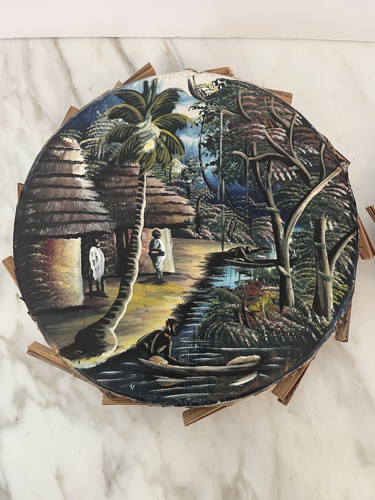 African Painting Painted Leather Drum Hide Clay Ring Waterfall Wall Art Boho