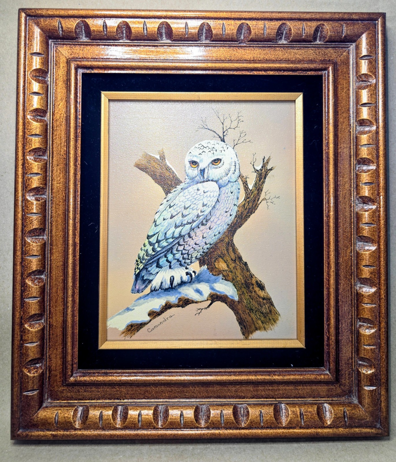 Vintage Snowy White Owl Bird Oil Painting Artist Signed Casandra Original 1980s