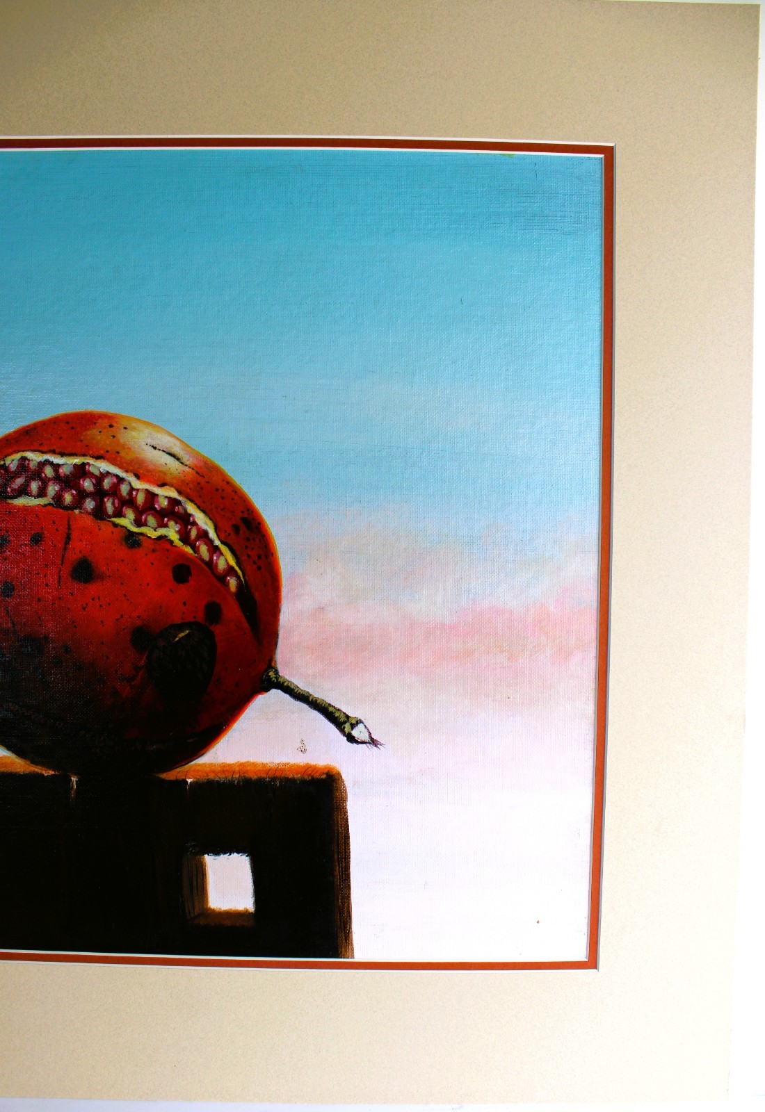 VINTAGE OIL PAINTING ON CANVAS PANEL 1985 SIGNED STILL LIFE POP ART POMEGRANATE