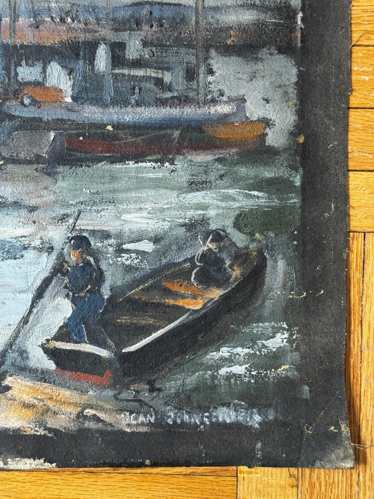 Vintage 1930’s Oil on Canvas Landscape Boats Port Docking 17×22 Jean Schweckler