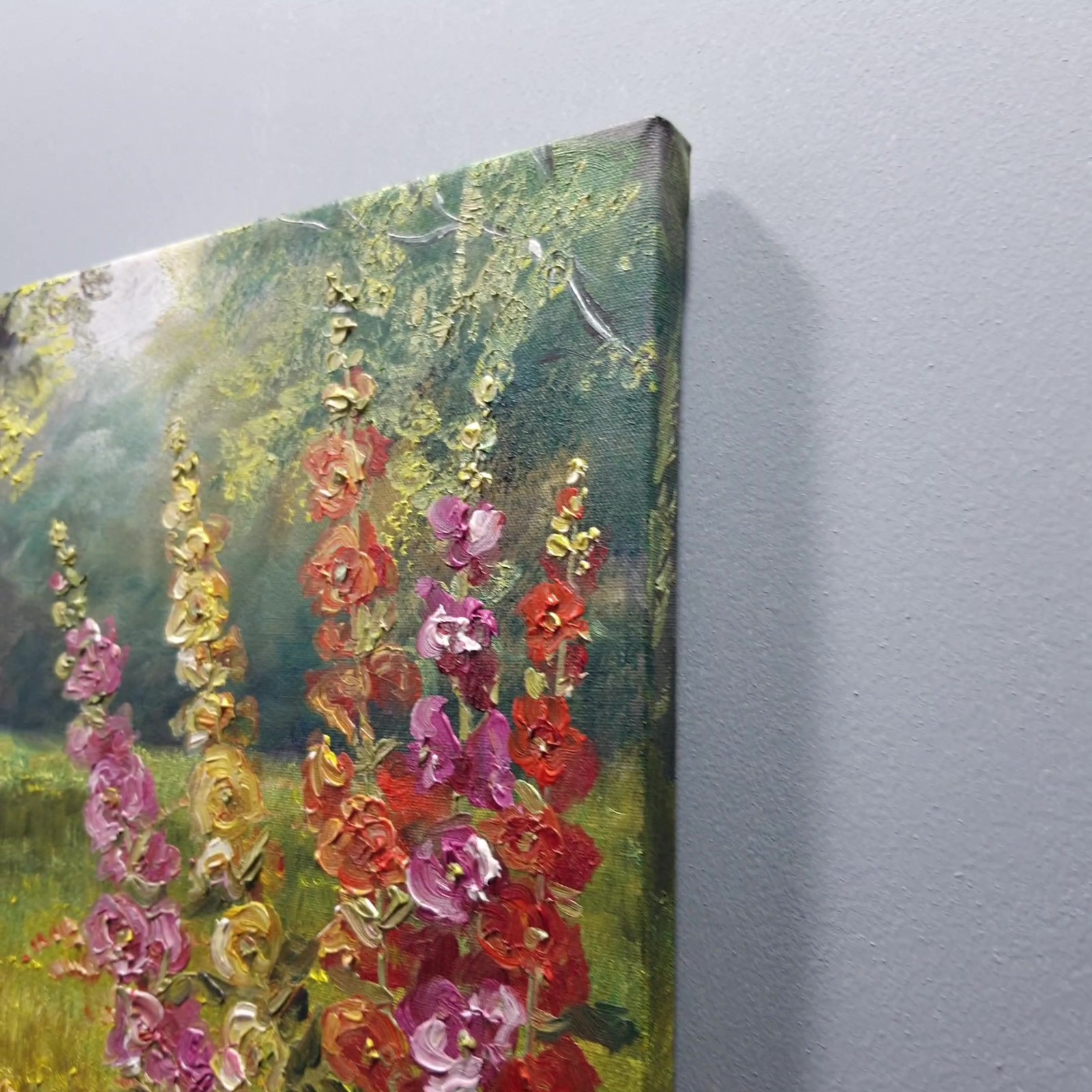 Colorful Hollyhocks Oil Painting Original Garden Flowers Wall Art Canvas 10×10