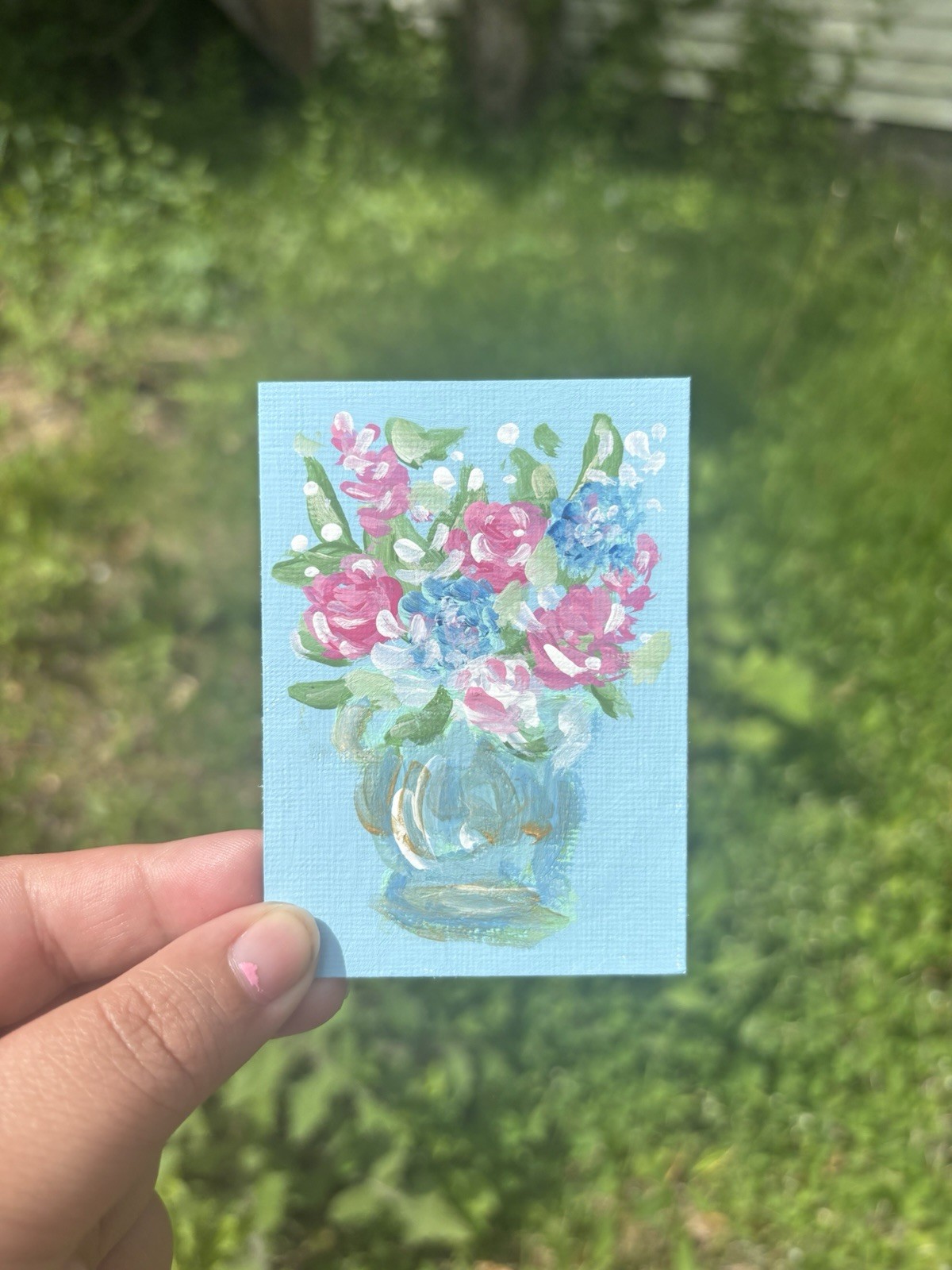 ACEO Original Art Flower Still Life Pink & Blue miniature acrylic painting ART